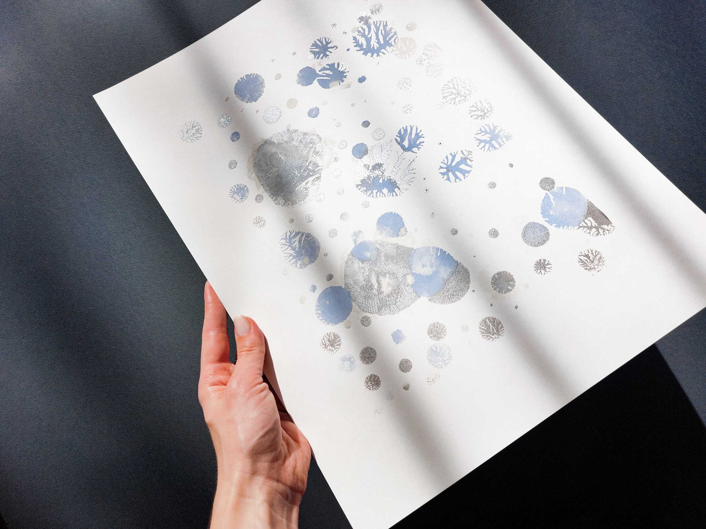 N2 Blue and silver abstract snowflakes 12x16in Monotype print Holiday winter wall art for Christmas festive living room decor UNFRAMED, Bedroom wall decor, Printmaking art handmade, one copy unique, relief print , Original artwork, Noel decoration, Minimalist art decor