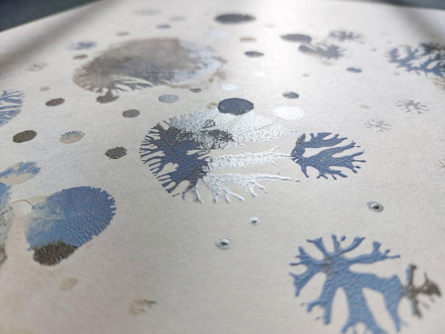 N2 Blue and silver abstract snowflakes 12x16in Monotype print Holiday winter wall art for Christmas festive living room decor UNFRAMED, Bedroom wall decor, Printmaking art handmade, one copy unique, relief print , Original artwork, Noel decoration, Minimalist art decor