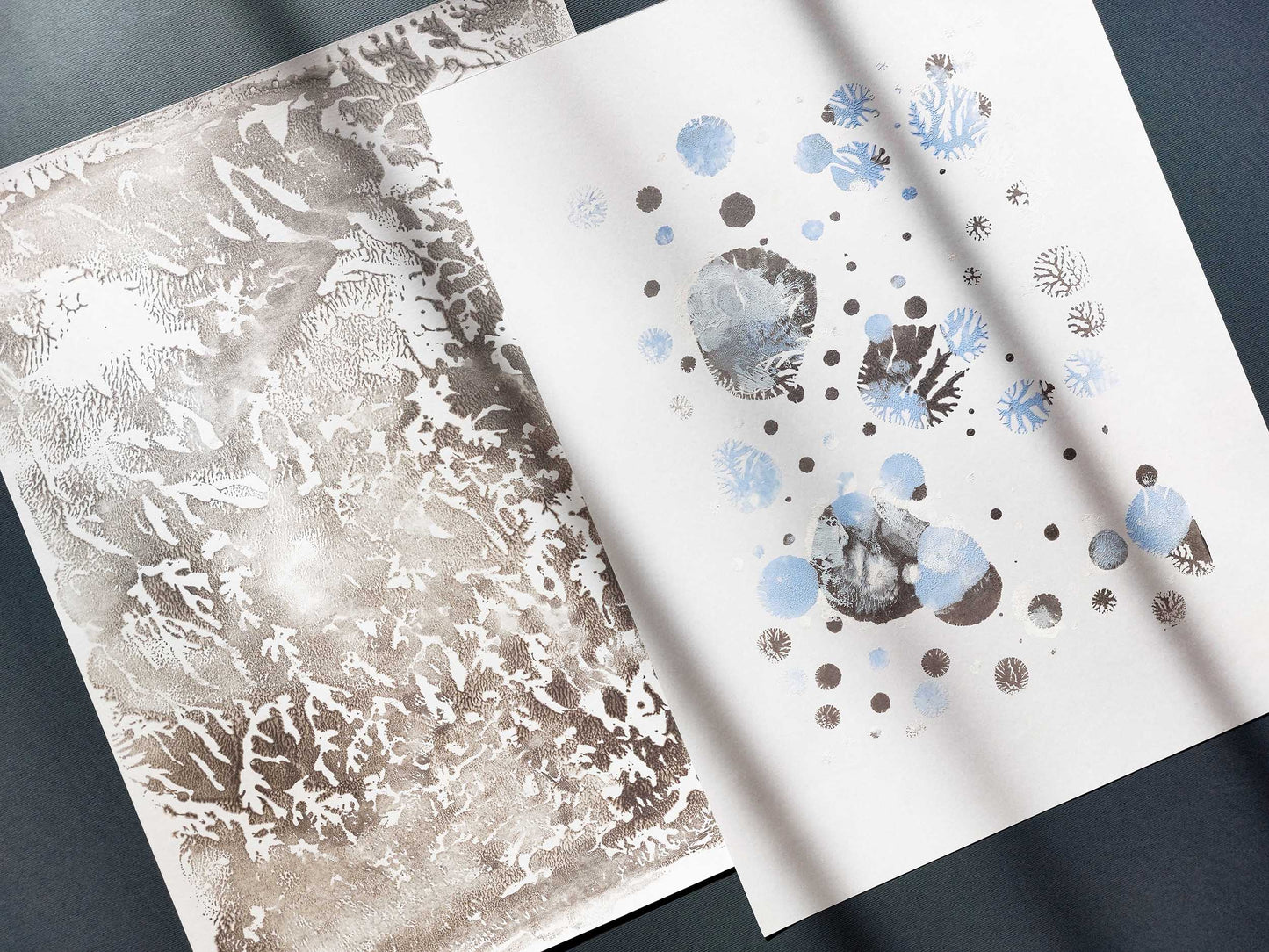 Abstract light blue snow Silver relief texture Holiday winter wall art Gallery wall set of 2 Monotype prints Original artwork New home gift, bedroom or living room wall decoration, Relief print, Printmaking art, Minimalist Festive scandinavian decor, winter wall art