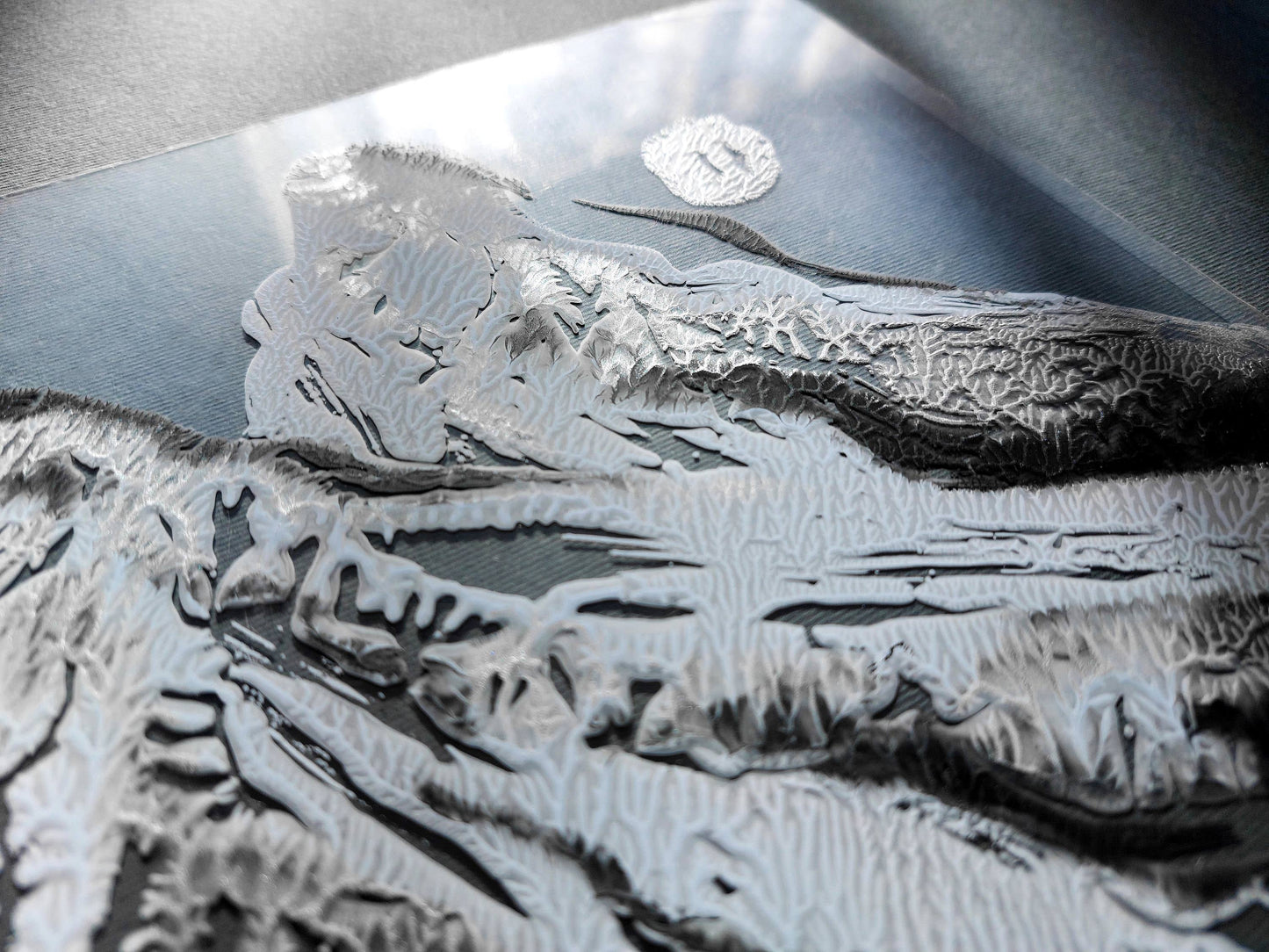 Abstract mountains original painting simple artwork Monotype print Monoprint art Textured wall art Relief print nature lover gift Printmaking art Plexiglass wall art Holiday winter wall Modern wall decor Silver black blue Handmade printmaking decoration Home decor accessories Living room Bedroom Workspace Office wall decorations