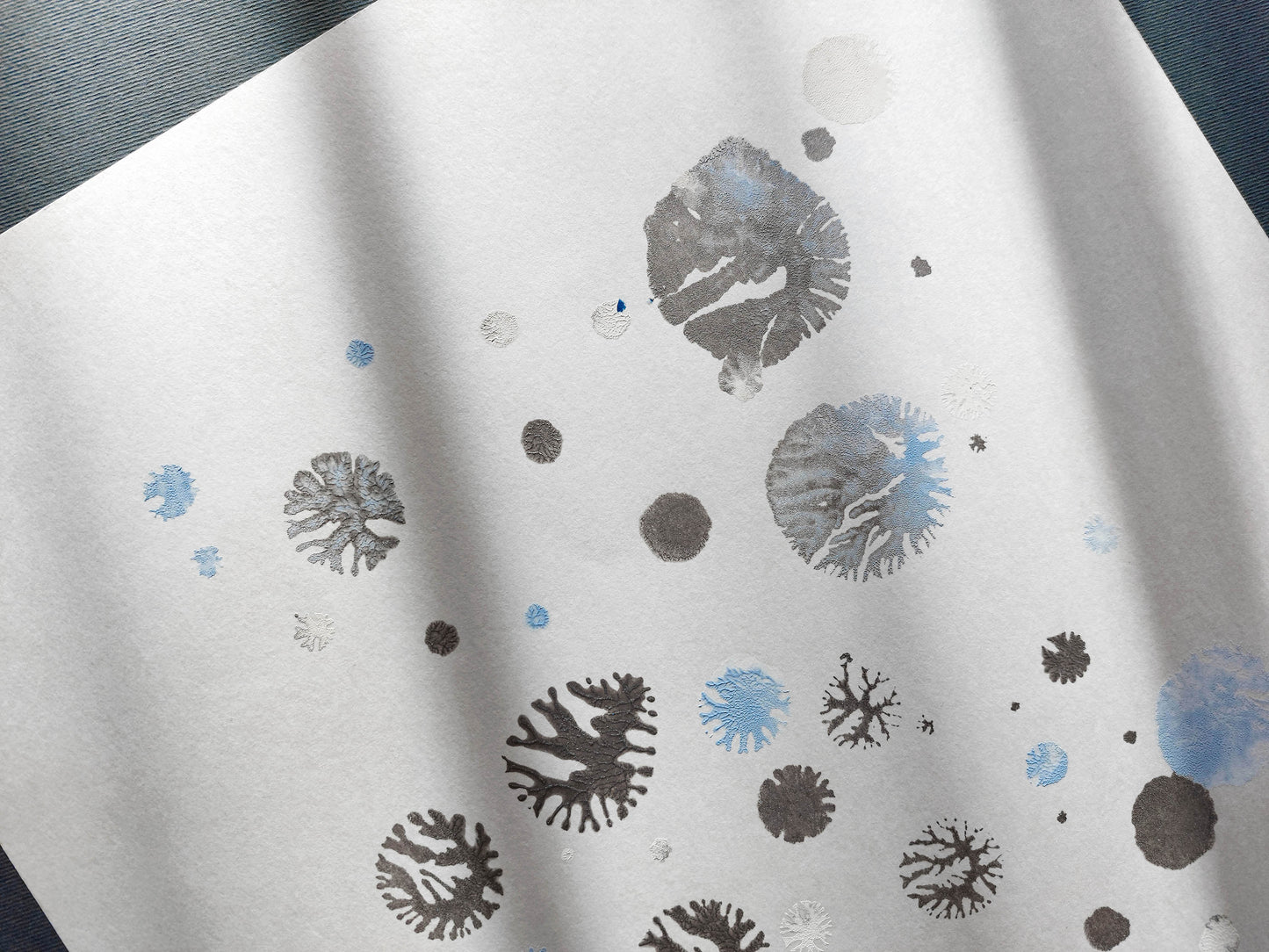 Monotype print, Bedroom wall decor, Living room wall art, Printmaking art, relief print, Original artwork, Blue and silver art, abstract snowflakes, Holiday winter wall, Christmas art festive decor, Noel decoration, Minimalist art, home acsessories wall decoration, workspace wall decor