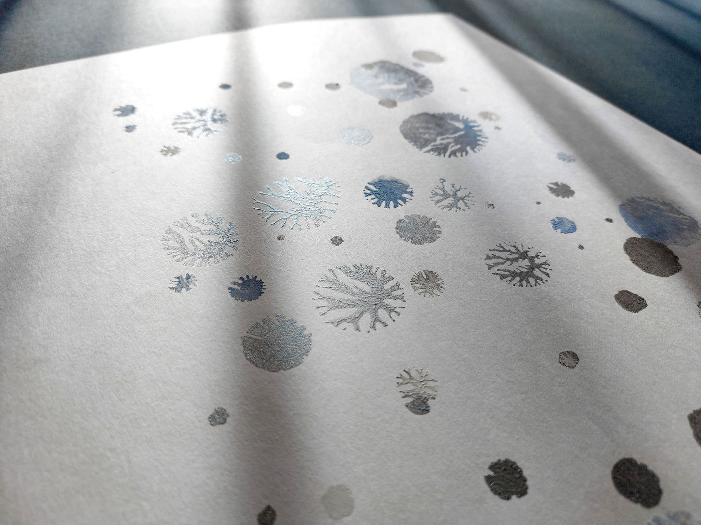 Monotype print, Bedroom wall decor, Living room wall art, Printmaking art, relief print, Original artwork, Blue and silver art, abstract snowflakes, Holiday winter wall, Christmas art festive decor, Noel decoration, Minimalist art, home acsessories wall decoration, workspace wall decor