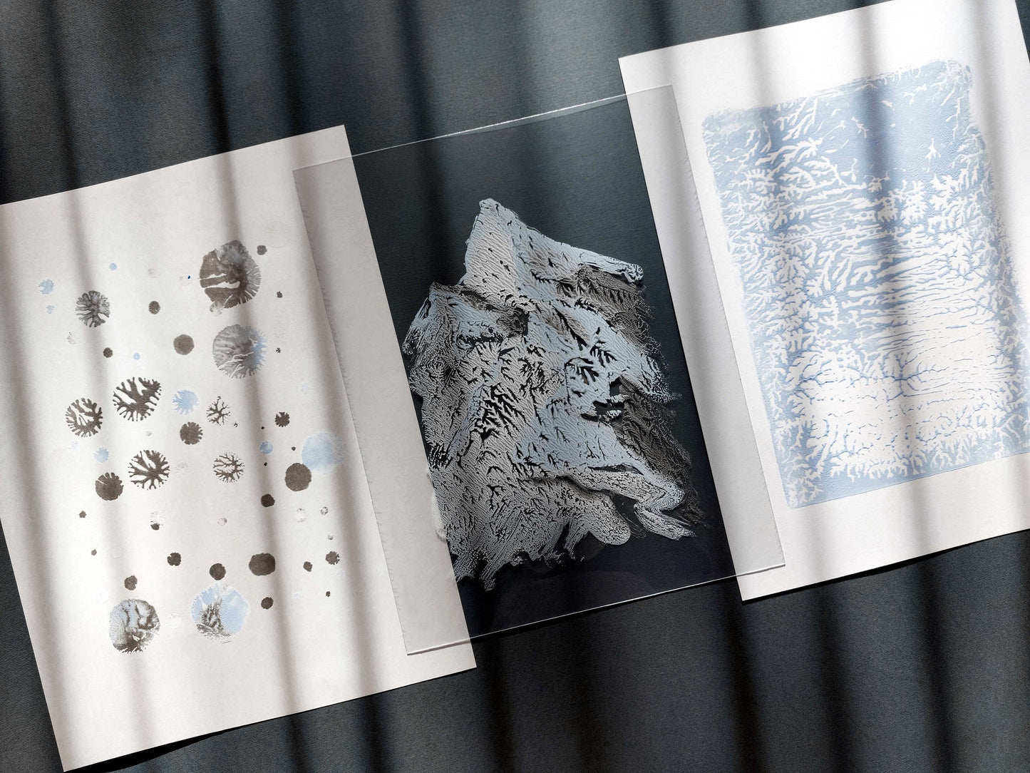 Gallery wall set Noel decoration Christmas wall decor set of 3 prints Holiday winter wall Monotype print original artwork Blue silver snow Relief texture Abstract mountains bedroom wall decor Printmaking art Minimalist festive Handmade painting one copy unique decor Home decoration Living room Bedroom wall decor