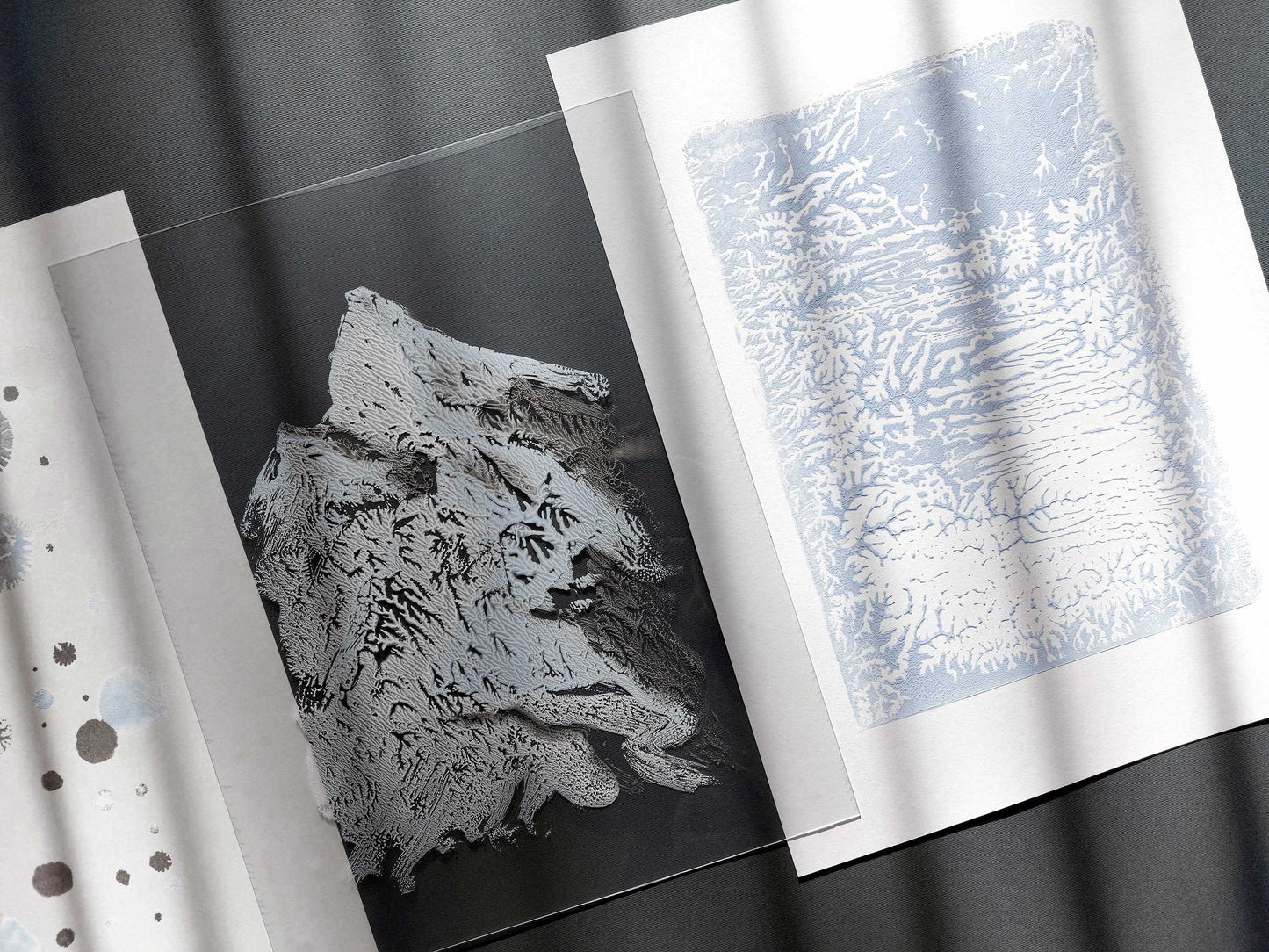 Gallery wall set Noel decoration Christmas wall decor set of 3 prints Holiday winter wall Monotype print original artwork Blue silver snow Relief texture Abstract mountains bedroom wall decor Printmaking art Minimalist festive Handmade painting one copy unique decor Home decoration Living room Bedroom wall decor
