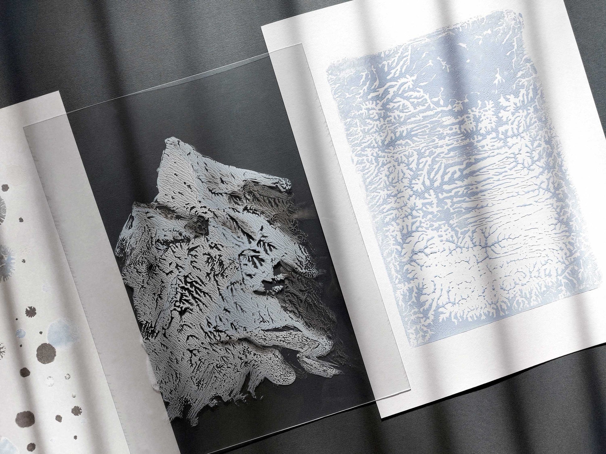 Gallery wall set Noel decoration Christmas wall decor set of 3 prints Holiday winter wall Monotype print original artwork Blue silver snow Relief texture Abstract mountains bedroom wall decor Printmaking art Minimalist festive Handmade painting one copy unique decor Home decoration Living room Bedroom wall decor
