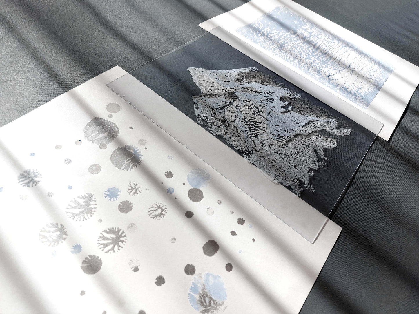 Gallery wall set Noel decoration Christmas wall decor set of 3 prints Holiday winter wall Monotype print original artwork Blue silver snow Relief texture Abstract mountains bedroom wall decor Printmaking art Minimalist festive Handmade painting one copy unique decor Home decoration Living room Bedroom wall decor