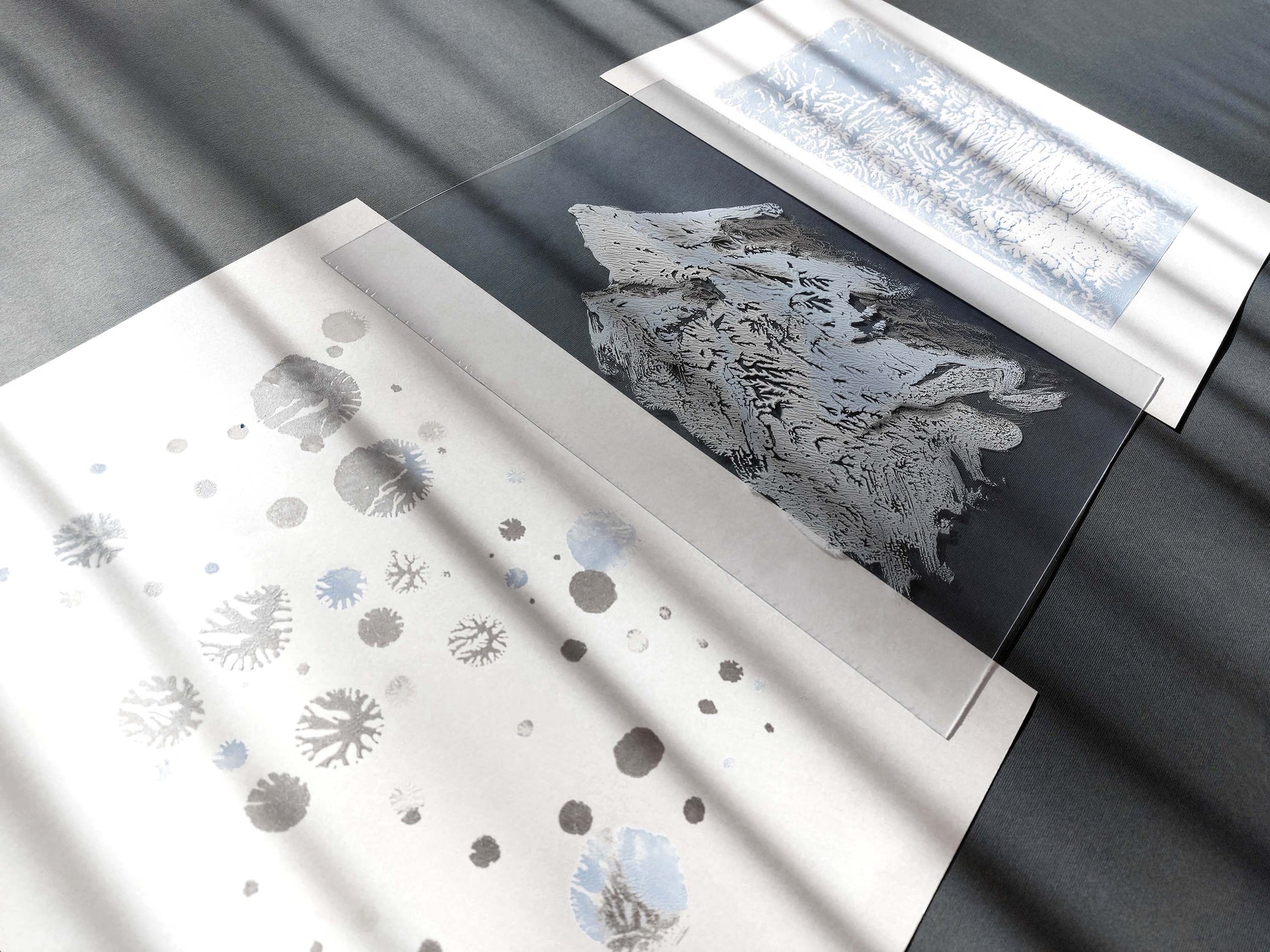 Gallery wall set Noel decoration Christmas wall decor set of 3 prints Holiday winter wall Monotype print original artwork Blue silver snow Relief texture Abstract mountains bedroom wall decor Printmaking art Minimalist festive Handmade painting one copy unique decor Home decoration Living room Bedroom wall decor