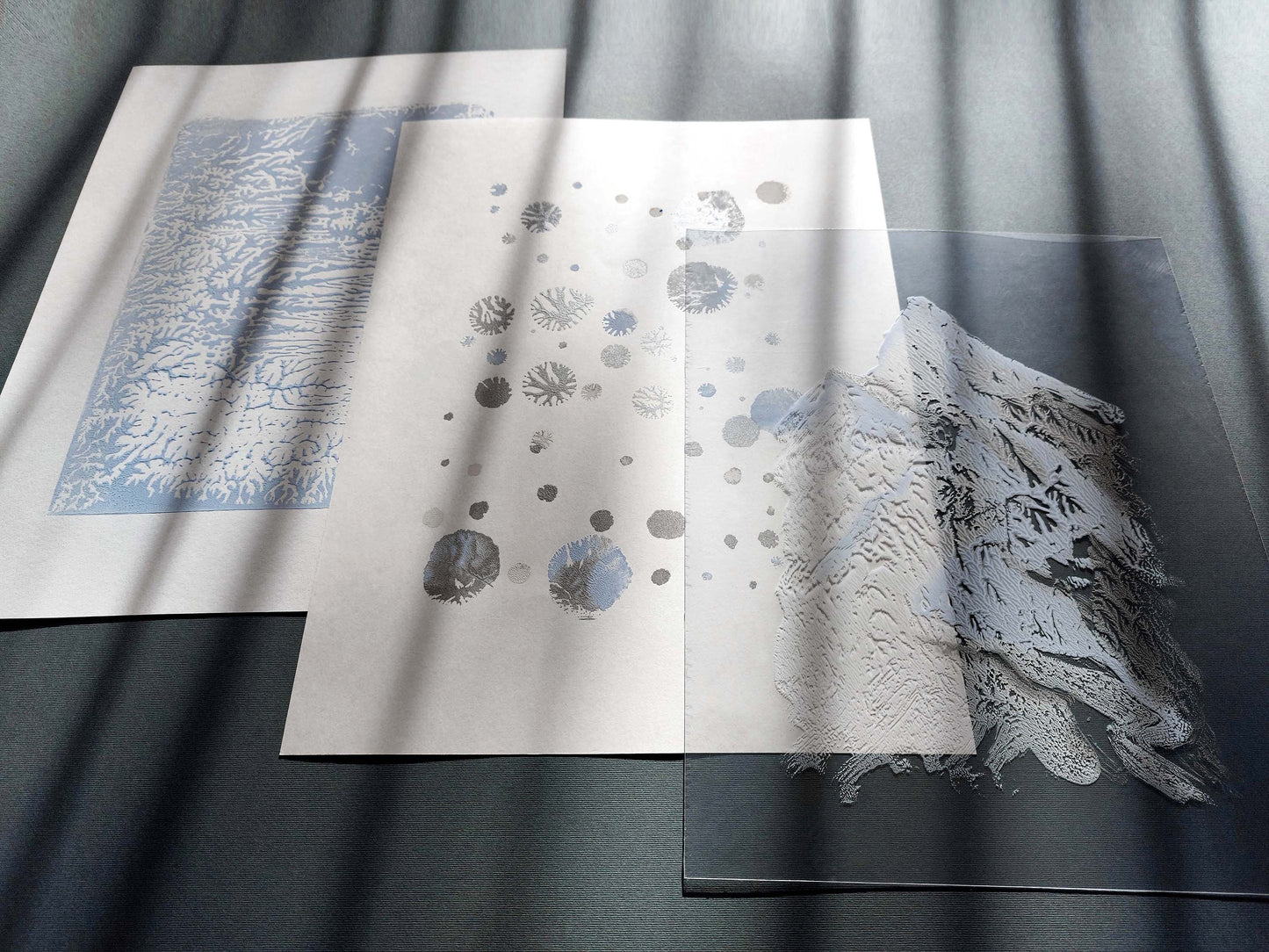 Gallery wall set Noel decoration Christmas wall decor set of 3 prints Holiday winter wall Monotype print original artwork Blue silver snow Relief texture Abstract mountains bedroom wall decor Printmaking art Minimalist festive Handmade painting one copy unique decor Home decoration Living room Bedroom wall decor