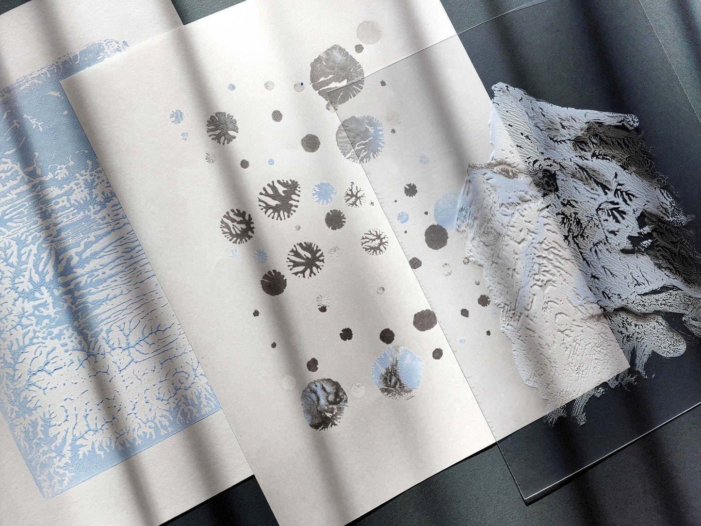 Gallery wall set Noel decoration Christmas wall decor set of 3 prints Holiday winter wall Monotype print original artwork Blue silver snow Relief texture Abstract mountains bedroom wall decor Printmaking art Minimalist festive Handmade painting one copy unique decor Home decoration Living room Bedroom wall decor