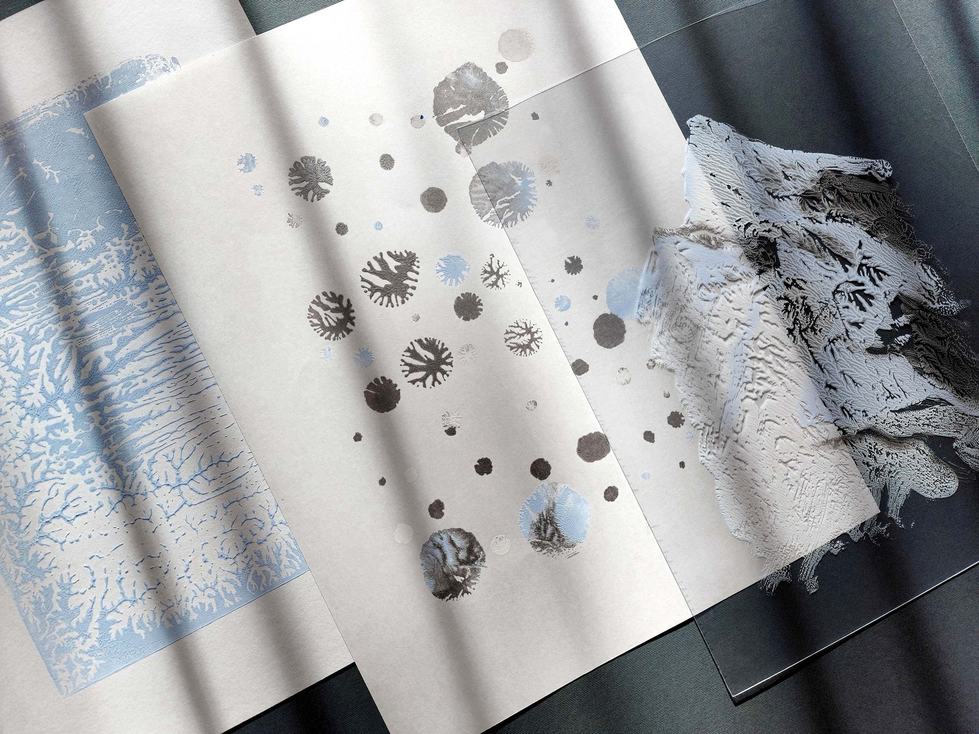 Gallery wall set Noel decoration Christmas wall decor set of 3 prints Holiday winter wall Monotype print original artwork Blue silver snow Relief texture Abstract mountains bedroom wall decor Printmaking art Minimalist festive Handmade painting one copy unique decor Home decoration Living room Bedroom wall decor