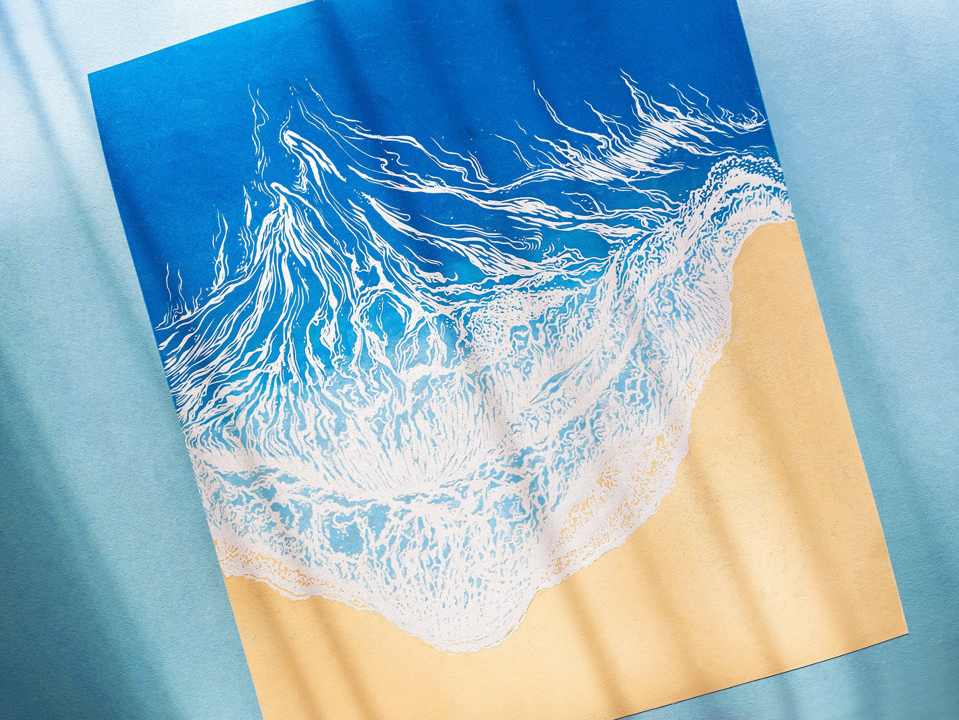 Large linocut print Blue waves on sand relief Printmaking Original artwork for Nautical bedroom living room wall art decor First home gift
