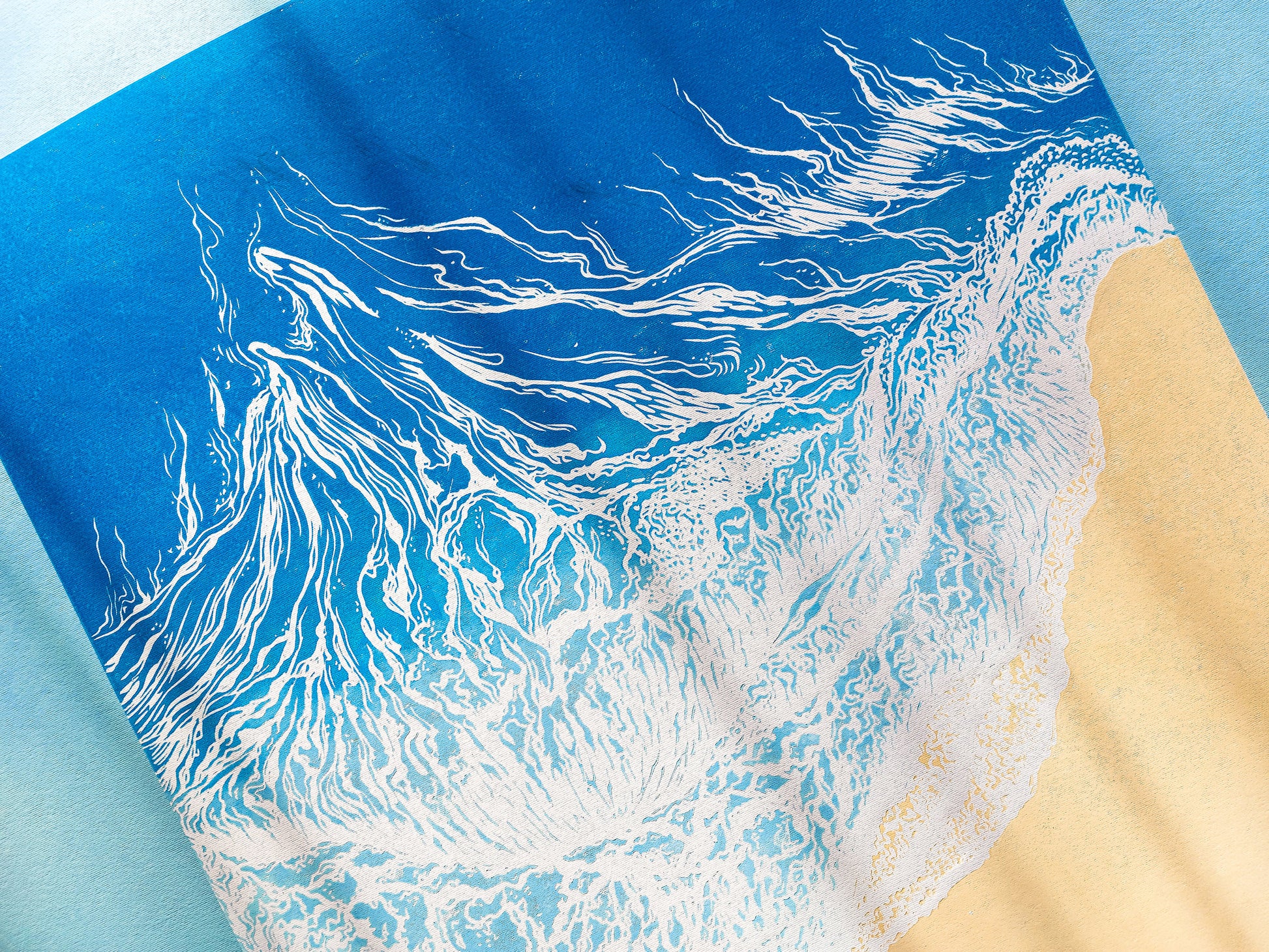 Large linocut print Blue waves on sand relief Printmaking Original artwork for Nautical bedroom living room wall art decor First home gift