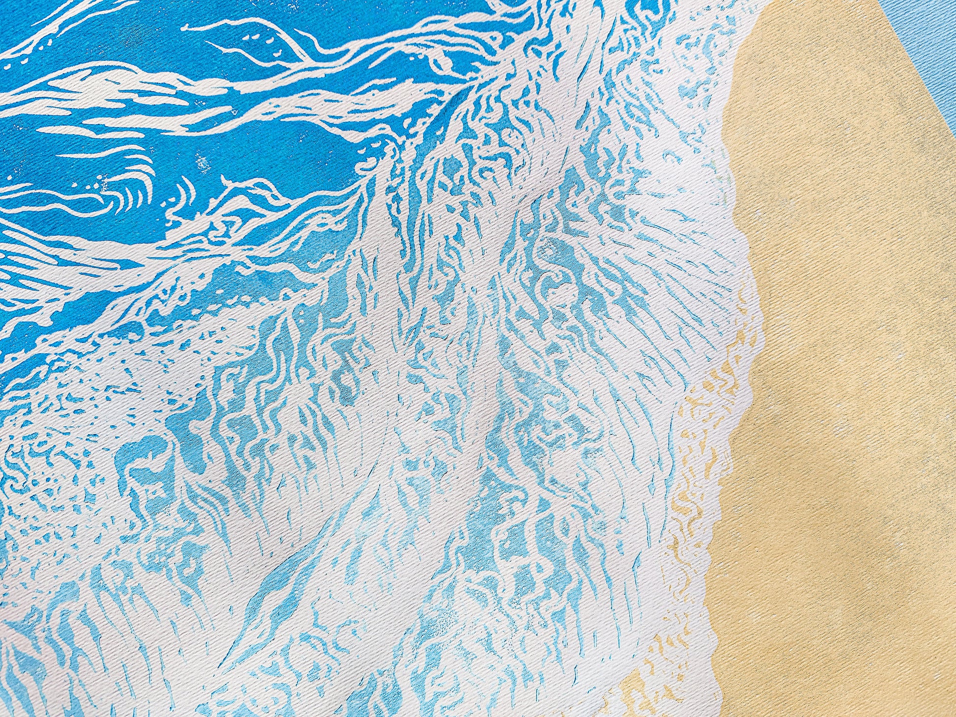 Large linocut print Blue waves on sand relief Printmaking Original artwork for Nautical bedroom living room wall art decor First home gift