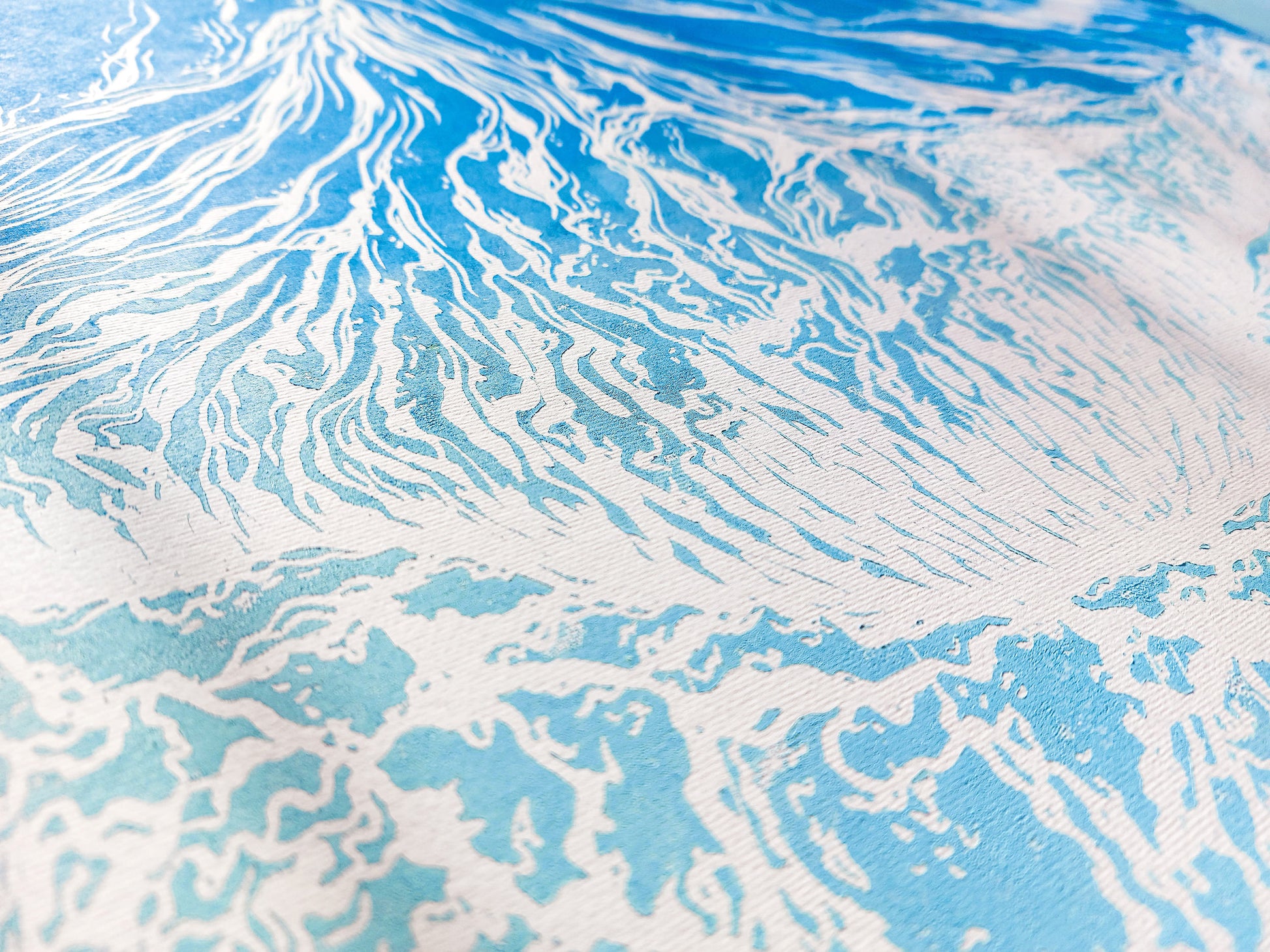 Large linocut print Blue waves on sand relief Printmaking Original artwork for Nautical bedroom living room wall art decor First home gift