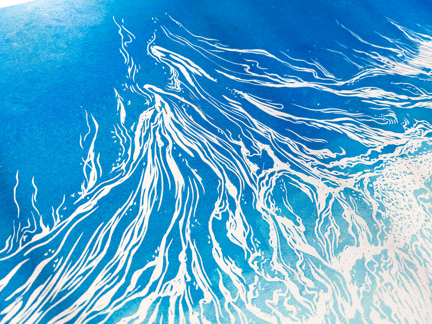 Large linocut print Blue waves on sand relief Printmaking Original artwork for Nautical bedroom living room wall art decor First home gift