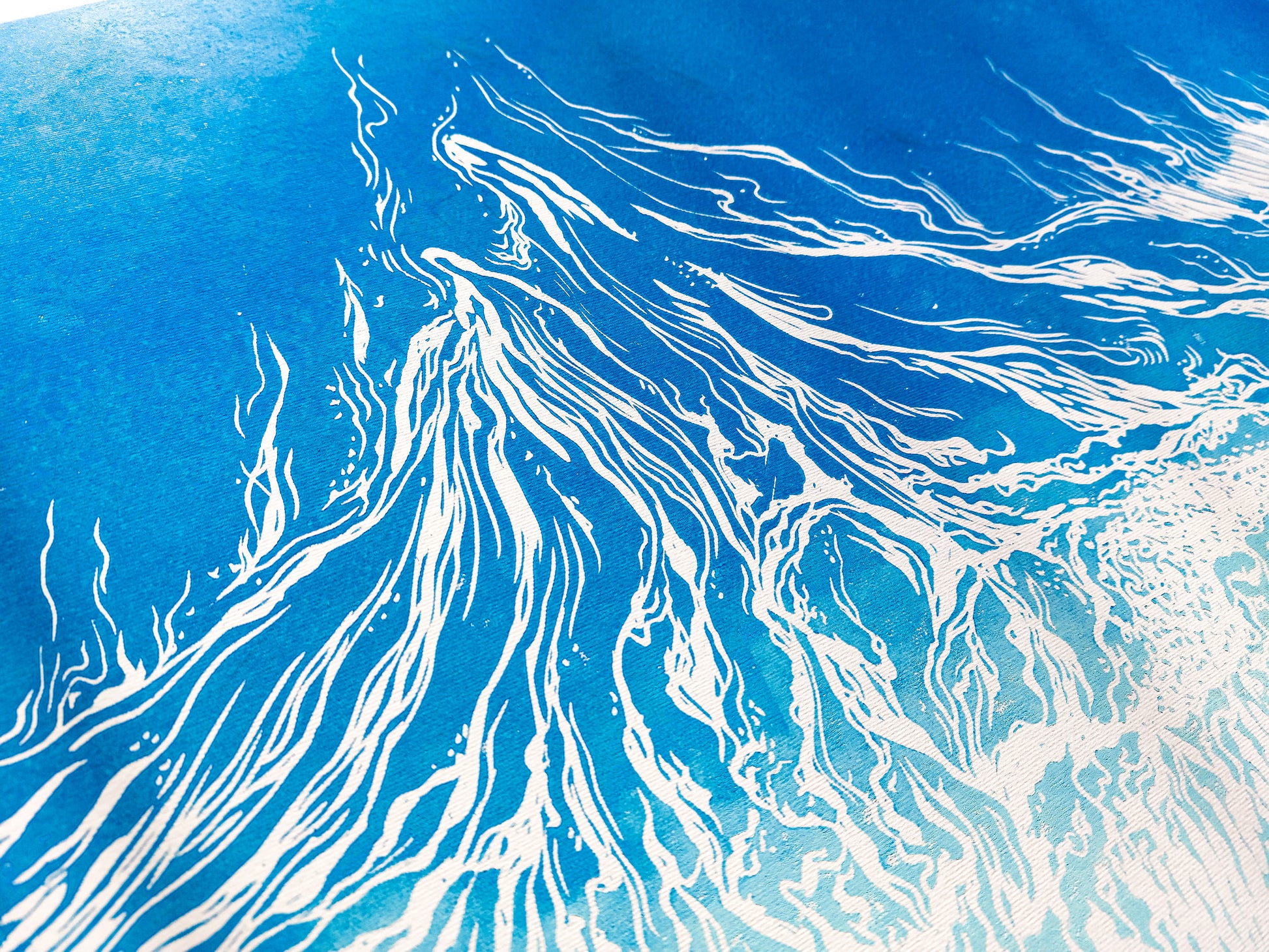 Large linocut print Blue waves on sand relief Printmaking Original artwork for Nautical bedroom living room wall art decor First home gift