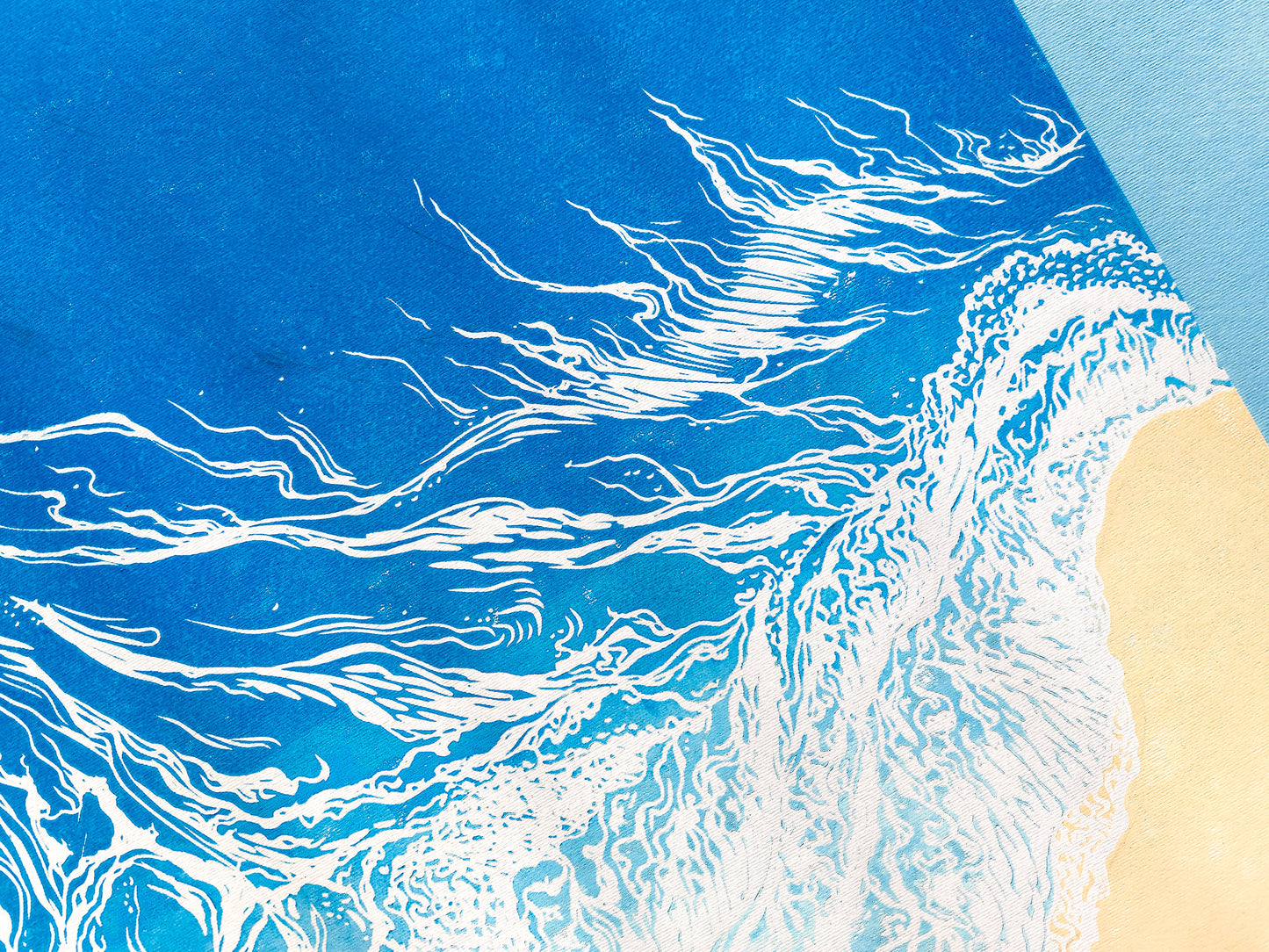 Large linocut print Blue waves on sand relief Printmaking Original artwork for Nautical bedroom living room wall art decor First home gift
