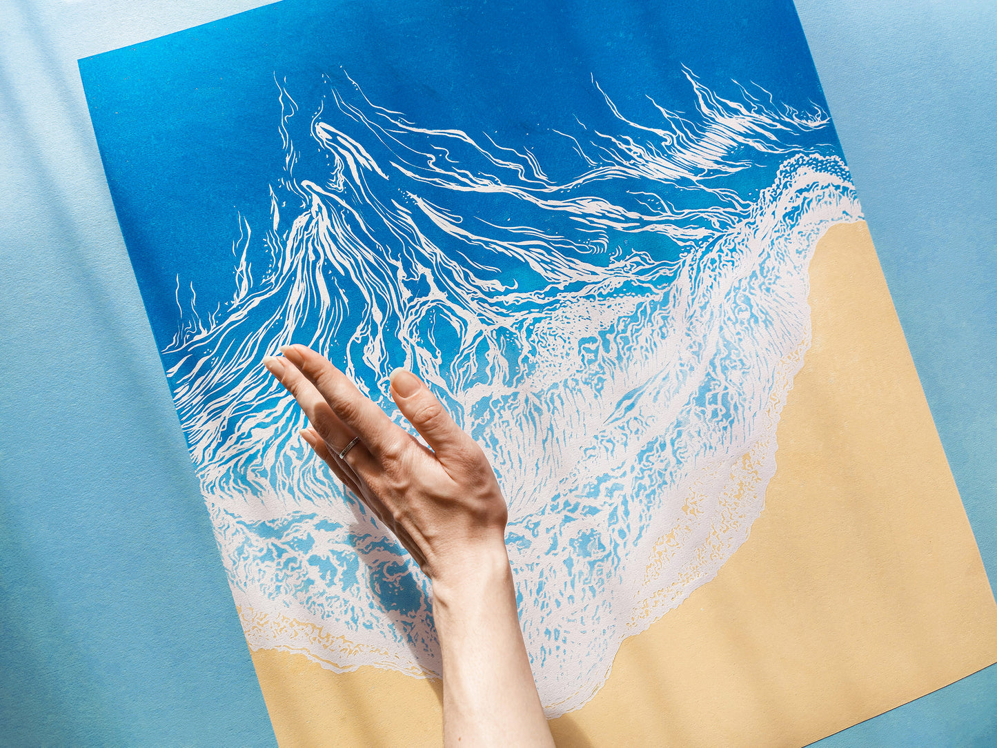 Large linocut print Blue waves on sand relief Printmaking Original artwork for Nautical bedroom living room wall art decor First home gift