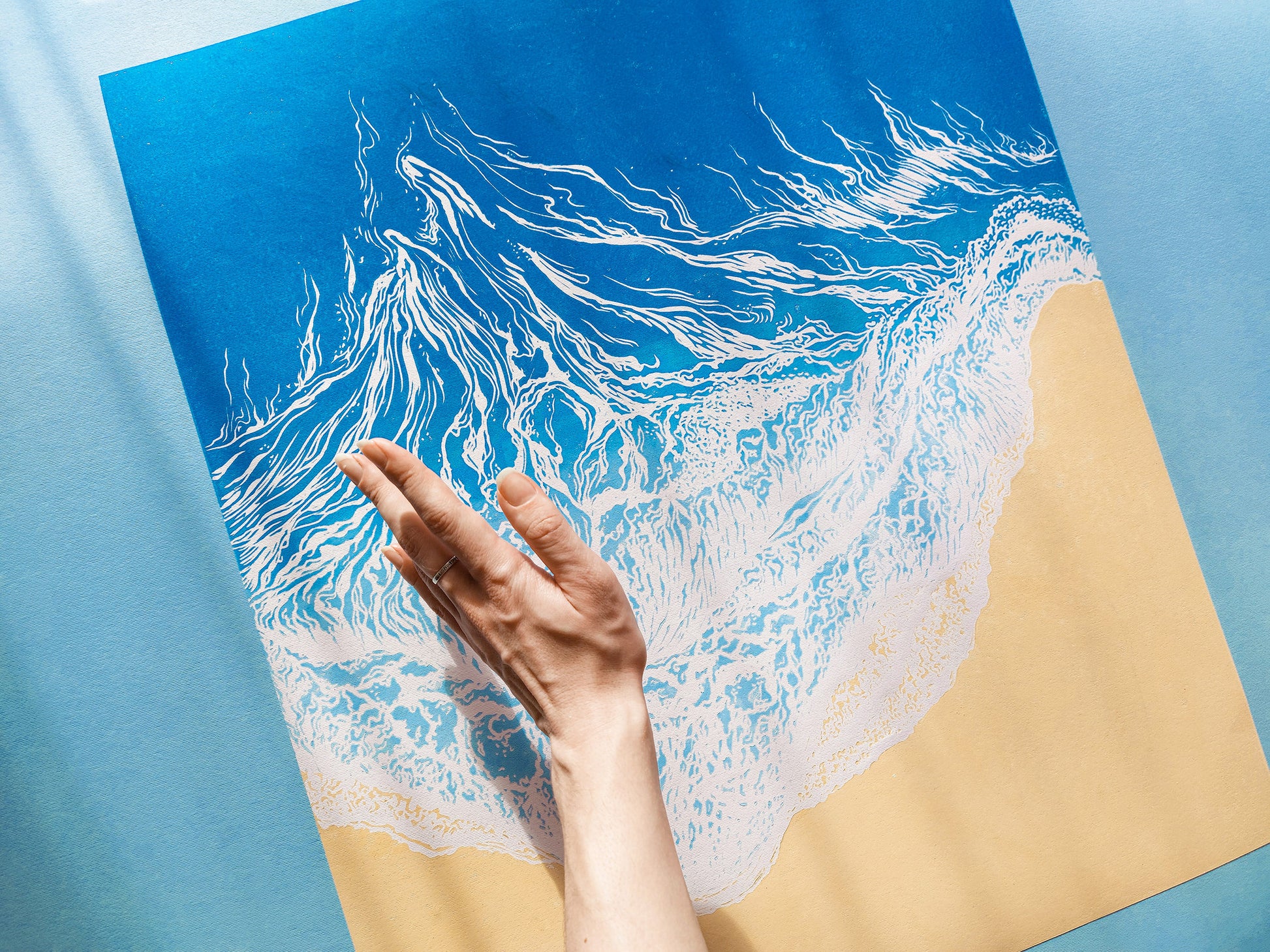 Large linocut print Blue waves on sand relief Printmaking Original artwork for Nautical bedroom living room wall art decor First home gift