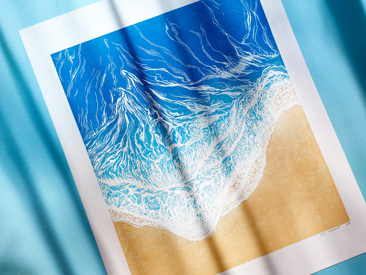 Original artwork	Lino linogravure	Large linocut print	Blue waves sand	relief Printmaking	Nautical bedroom	living room wall art	block ocean decor	First home gift	water linoleum art	Bathroom coastal	Modern beach new	Sea wall accessories