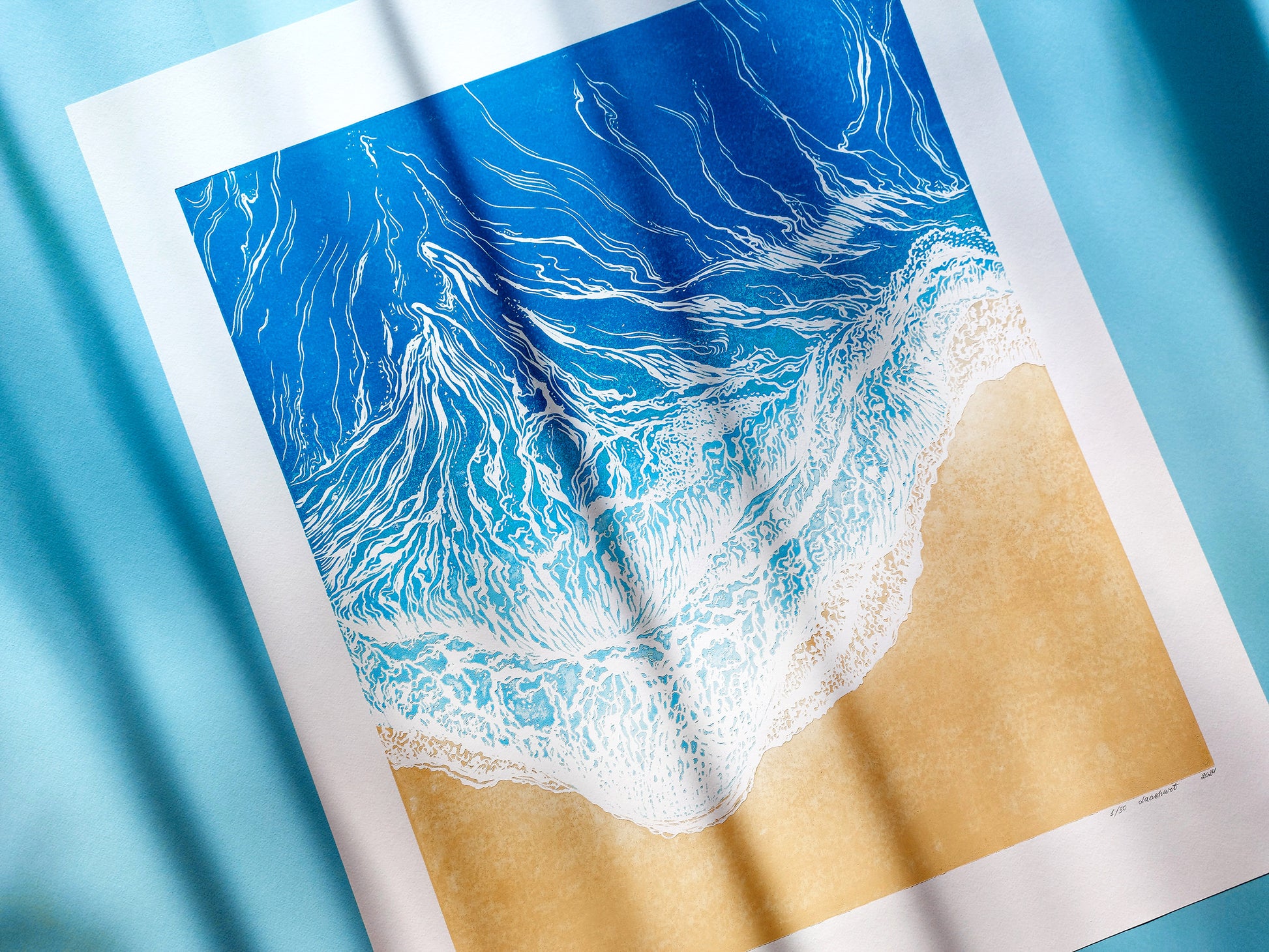 Original artwork	Lino linogravure	Large linocut print	Blue waves sand	relief Printmaking	Nautical bedroom	living room wall art	block ocean decor	First home gift	water linoleum art	Bathroom coastal	Modern beach new	Sea wall accessories