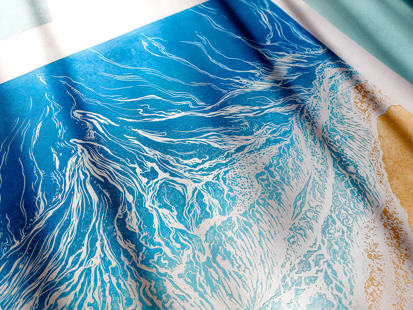 Original artwork	Lino linogravure	Large linocut print	Blue waves sand	relief Printmaking	Nautical bedroom	living room wall art	block ocean decor	First home gift	water linoleum art	Bathroom coastal	Modern beach new	Sea wall accessories