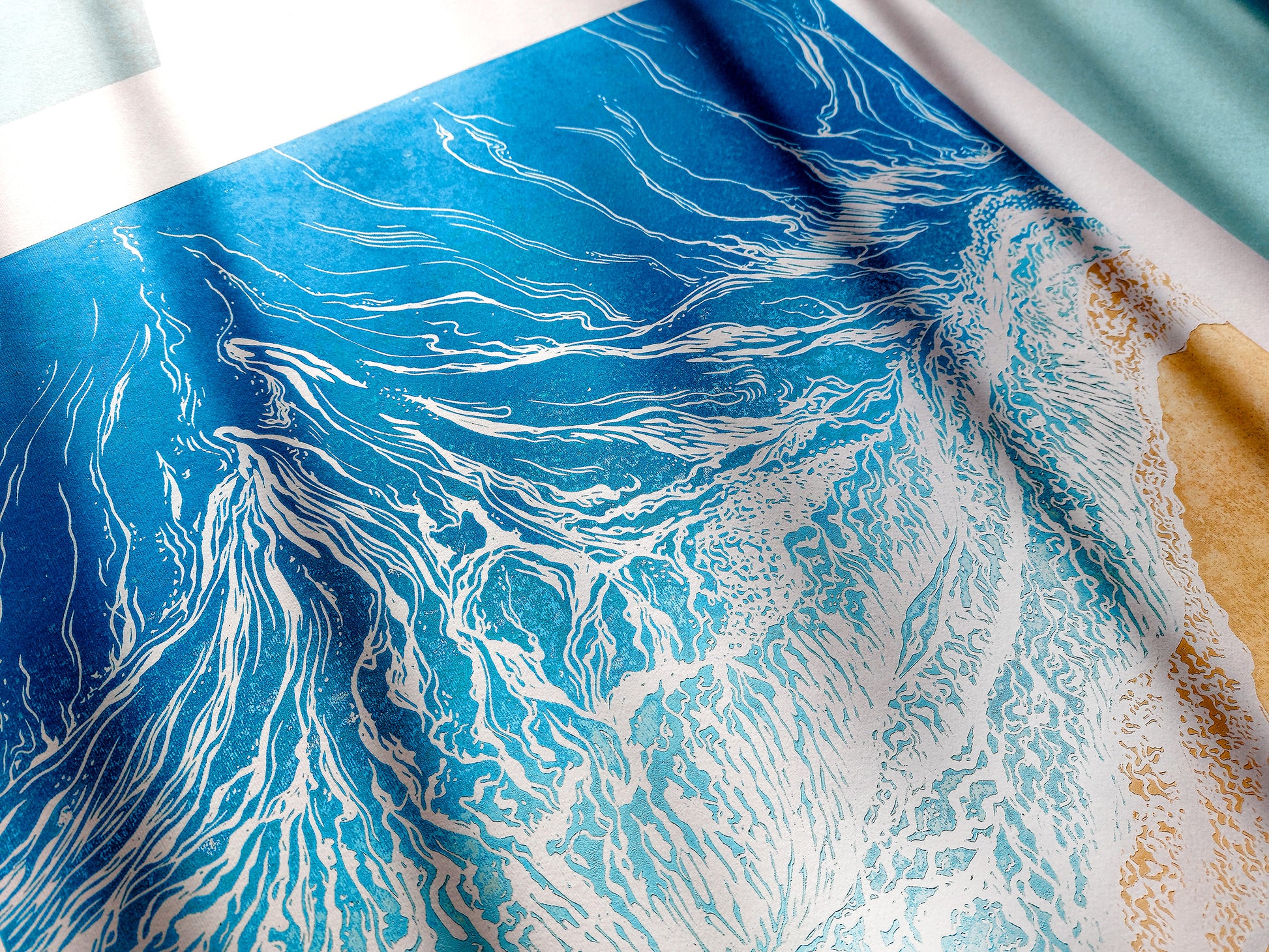 Original artwork	Lino linogravure	Large linocut print	Blue waves sand	relief Printmaking	Nautical bedroom	living room wall art	block ocean decor	First home gift	water linoleum art	Bathroom coastal	Modern beach new	Sea wall accessories