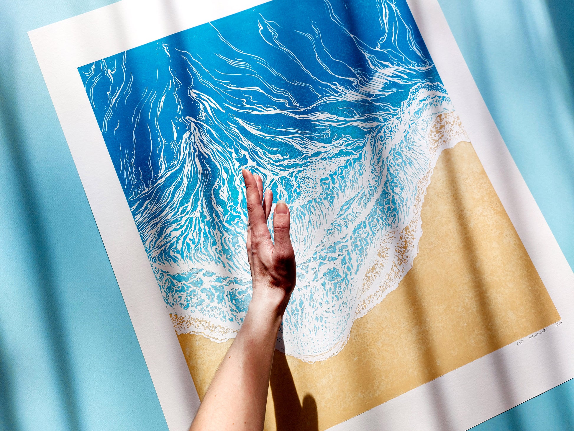 Original artwork	Lino linogravure	Large linocut print	Blue waves sand	relief Printmaking	Nautical bedroom	living room wall art	block ocean decor	First home gift	water linoleum art	Bathroom coastal	Modern beach new	Sea wall accessories