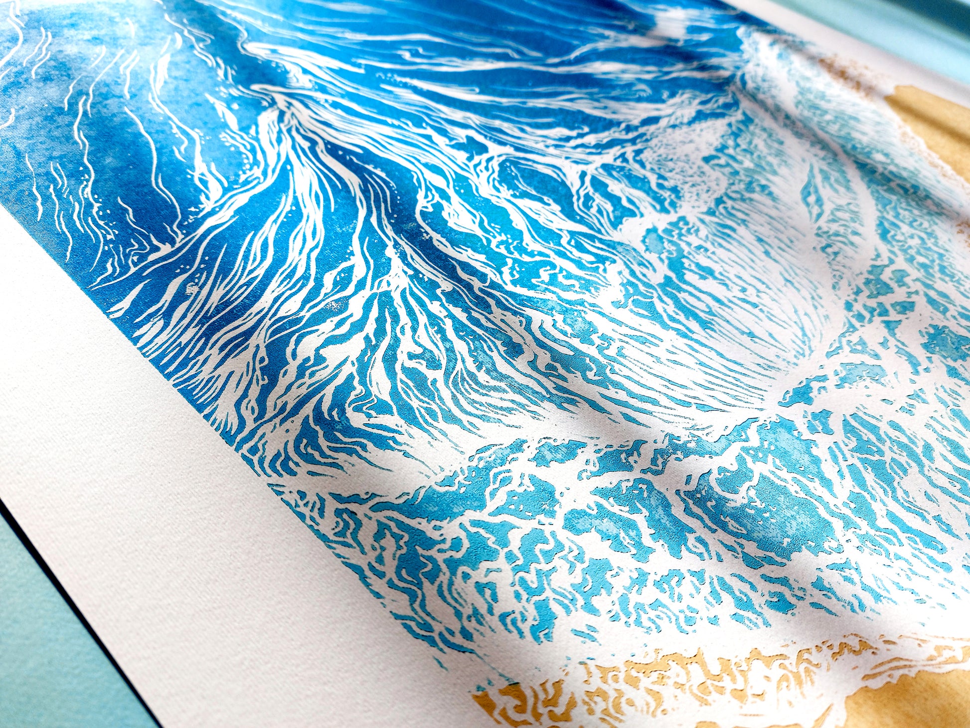 Original artwork	Lino linogravure	Large linocut print	Blue waves sand	relief Printmaking	Nautical bedroom	living room wall art	block ocean decor	First home gift	water linoleum art	Bathroom coastal	Modern beach new	Sea wall accessories