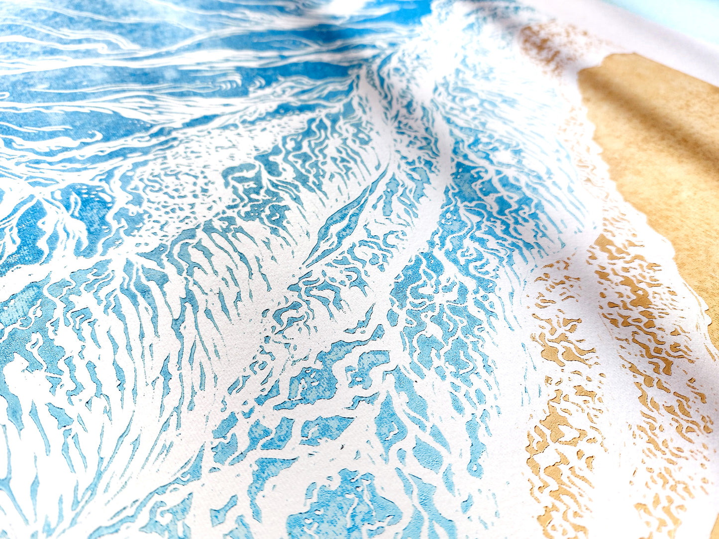 Original artwork	Lino linogravure	Large linocut print	Blue waves sand	relief Printmaking	Nautical bedroom	living room wall art	block ocean decor	First home gift	water linoleum art	Bathroom coastal	Modern beach new	Sea wall accessories