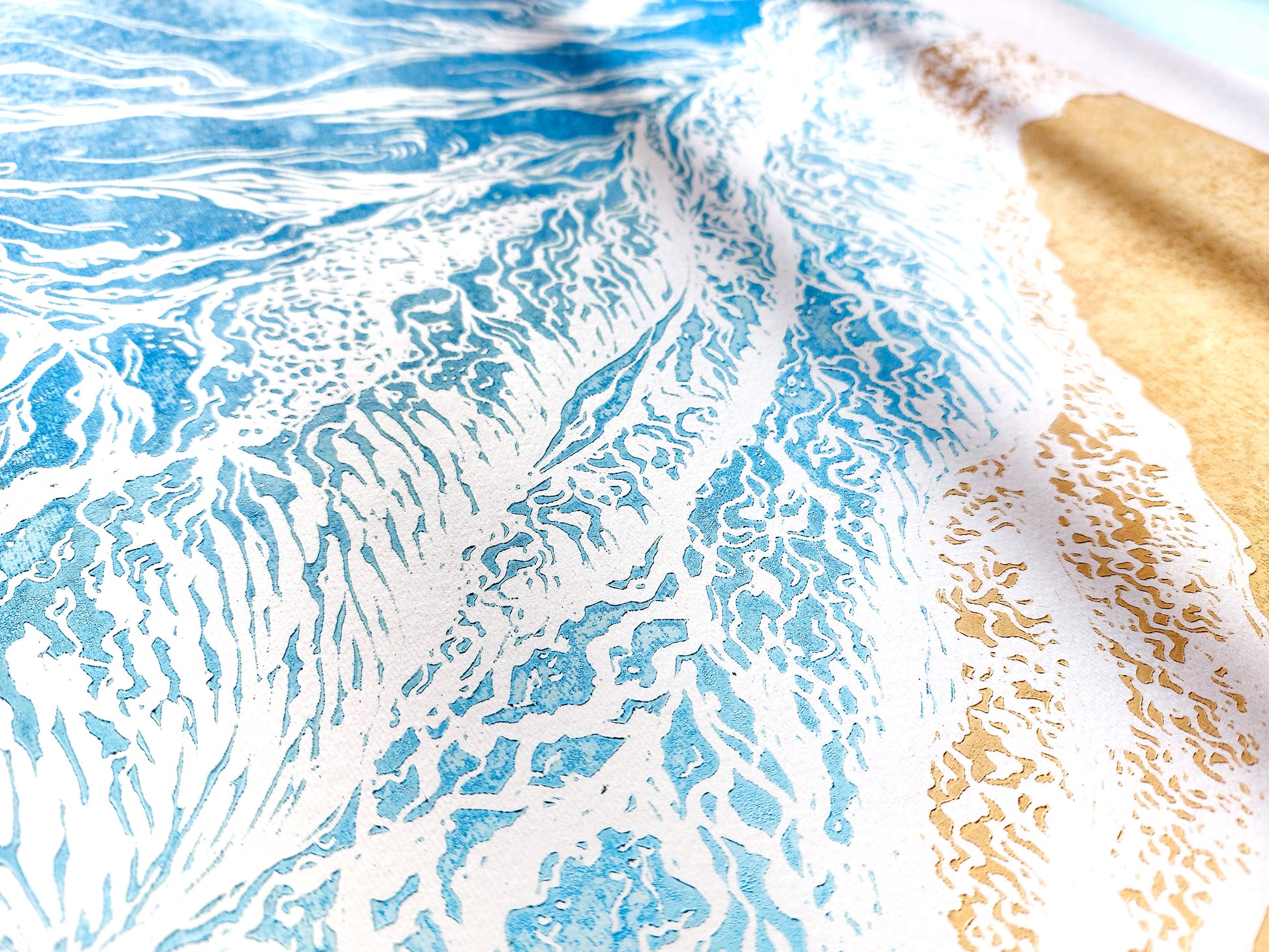 Original artwork	Lino linogravure	Large linocut print	Blue waves sand	relief Printmaking	Nautical bedroom	living room wall art	block ocean decor	First home gift	water linoleum art	Bathroom coastal	Modern beach new	Sea wall accessories