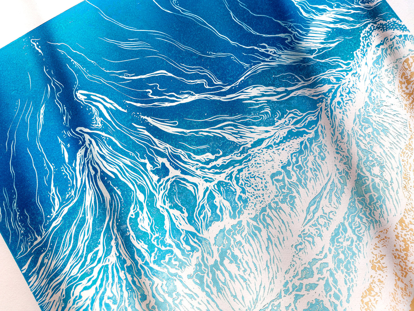 Original artwork	Lino linogravure	Large linocut print	Blue waves sand	relief Printmaking	Nautical bedroom	living room wall art	block ocean decor	First home gift	water linoleum art	Bathroom coastal	Modern beach new	Sea wall accessories