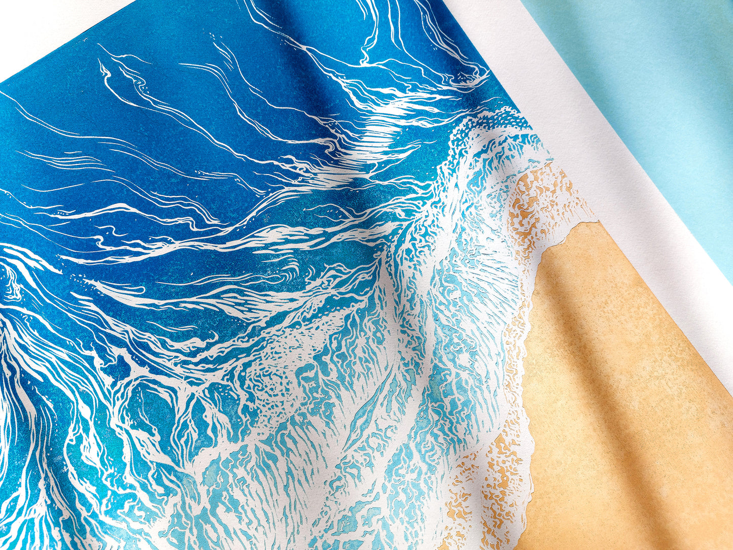 Original artwork	Lino linogravure	Large linocut print	Blue waves sand	relief Printmaking	Nautical bedroom	living room wall art	block ocean decor	First home gift	water linoleum art	Bathroom coastal	Modern beach new	Sea wall accessories