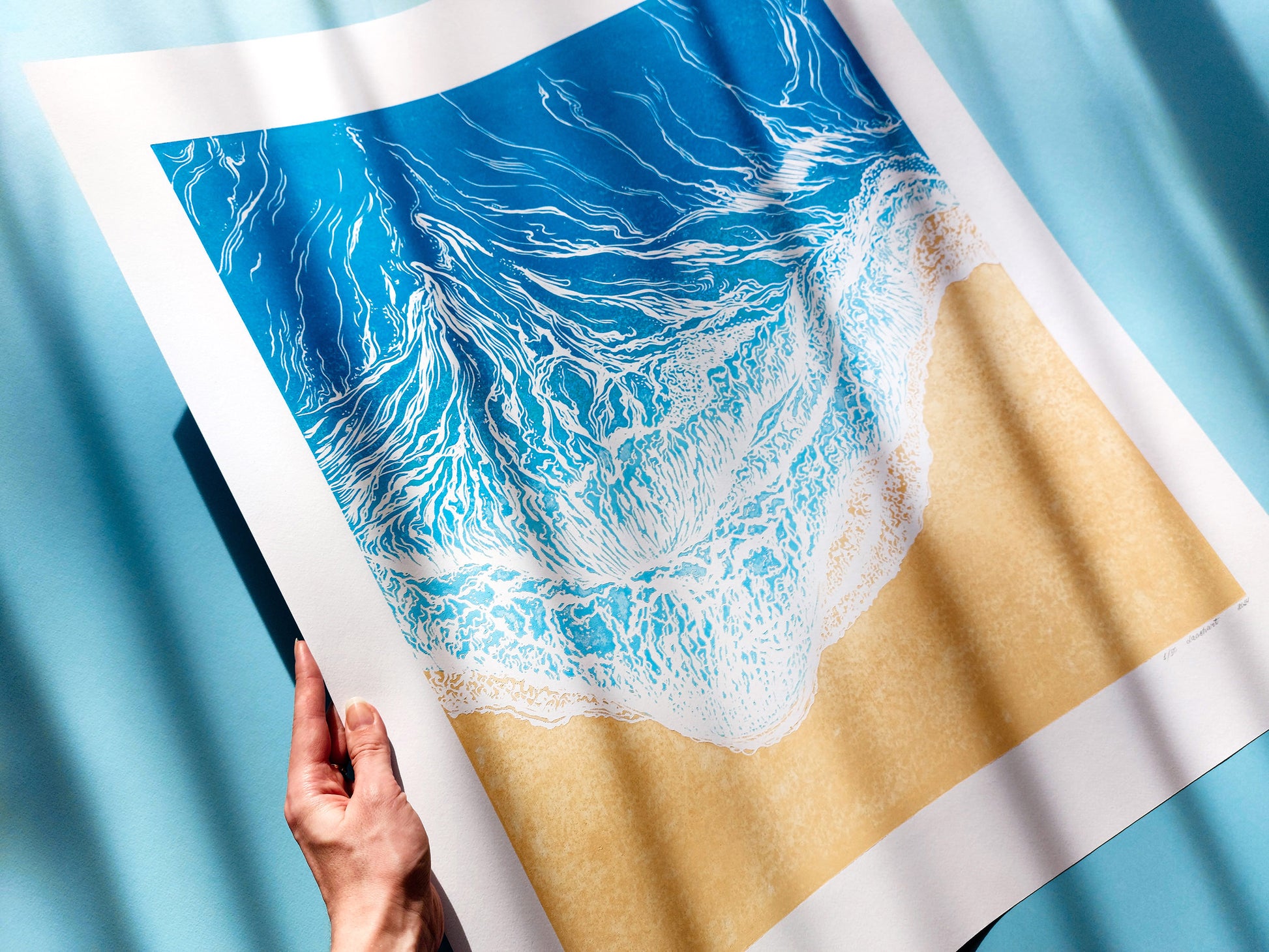 Original artwork	Lino linogravure	Large linocut print	Blue waves sand	relief Printmaking	Nautical bedroom	living room wall art	block ocean decor	First home gift	water linoleum art	Bathroom coastal	Modern beach new	Sea wall accessories