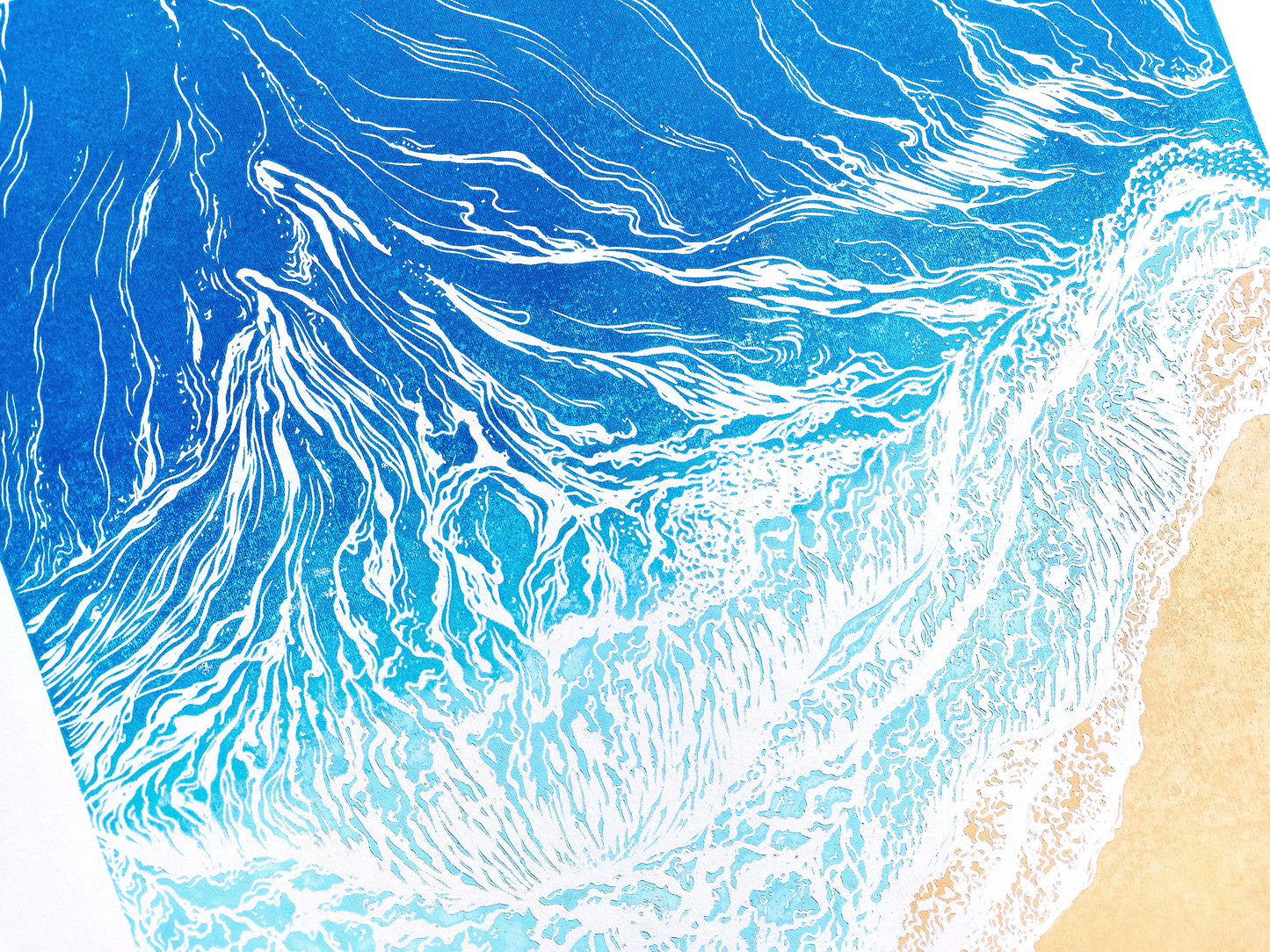 Original artwork	Lino linogravure	Large linocut print	Blue waves sand	relief Printmaking	Nautical bedroom	living room wall art	block ocean decor	First home gift	water linoleum art	Bathroom coastal	Modern beach new	Sea wall accessories