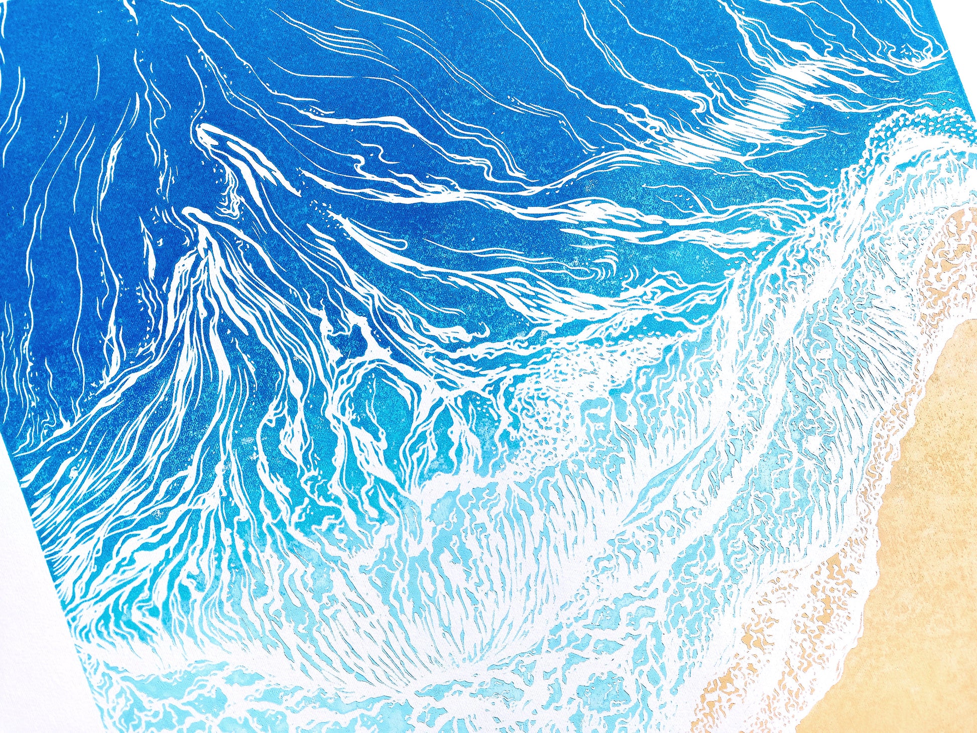 Original artwork	Lino linogravure	Large linocut print	Blue waves sand	relief Printmaking	Nautical bedroom	living room wall art	block ocean decor	First home gift	water linoleum art	Bathroom coastal	Modern beach new	Sea wall accessories
