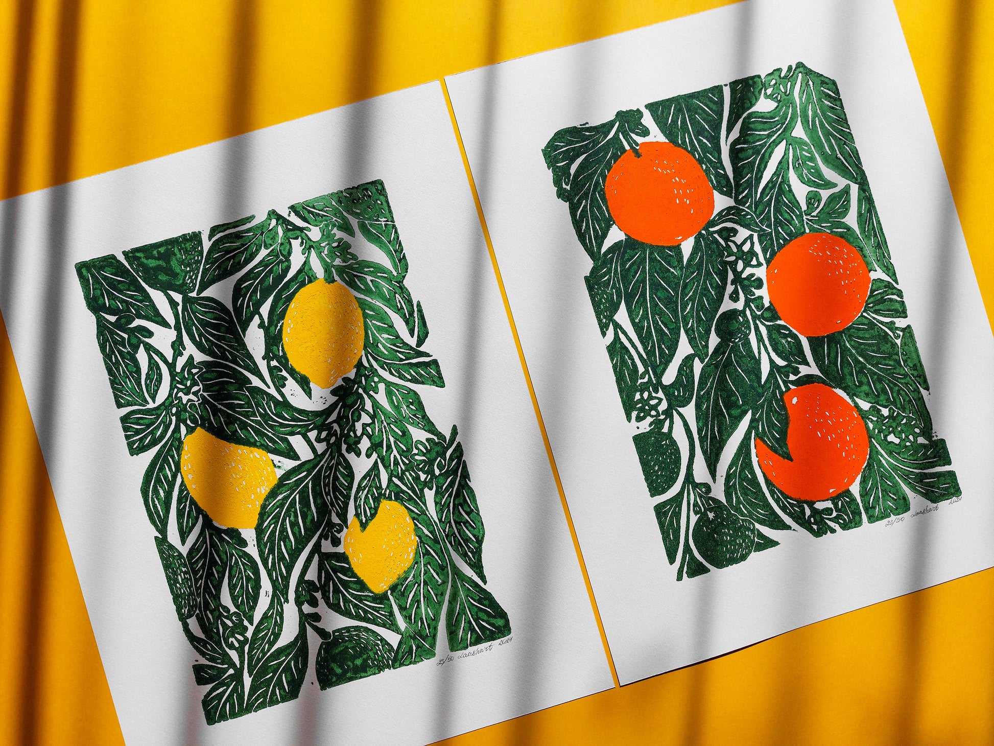 Gallery wall set of 2 linocut print Oranges and lemon botanical fruit and plant for modern kitchen wall art or Nature lover gift UNFRAMED / handmade art, relief print, original artwork, printmaking, oil ink, lino print, linogravure, fruit wall decor, living room, dining room, farmhouse gift, farm kitchen art, nature lover gift, new home gift, gallery wall set of 2 prints