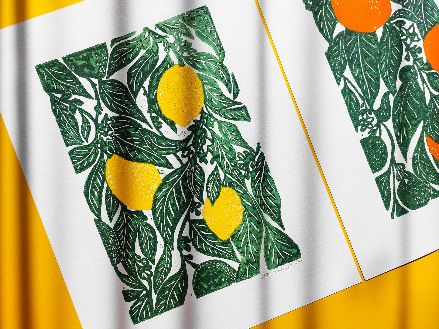 Gallery wall set of 2 linocut print Oranges and lemon botanical fruit and plant for modern kitchen wall art or Nature lover gift UNFRAMED / handmade art, relief print, original artwork, printmaking, oil ink, lino print, linogravure, fruit wall decor, living room, dining room, farmhouse gift, farm kitchen art, nature lover gift, new home gift, gallery wall set of 2 prints