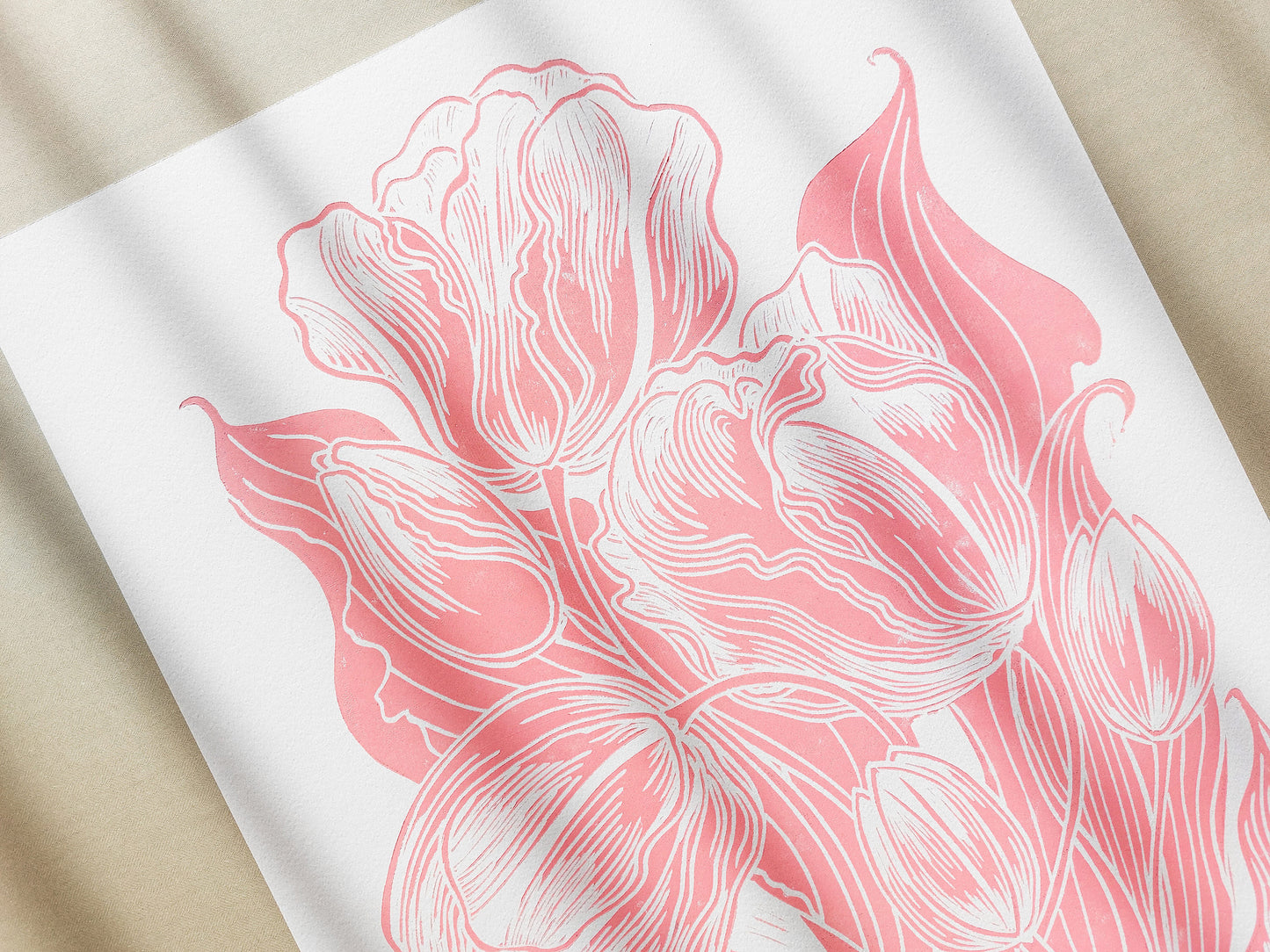 Spring wall art Linocut print Pink tulips flower Botanical original relief artwork for Modern bedroom kitchen decor or Nature lover gift