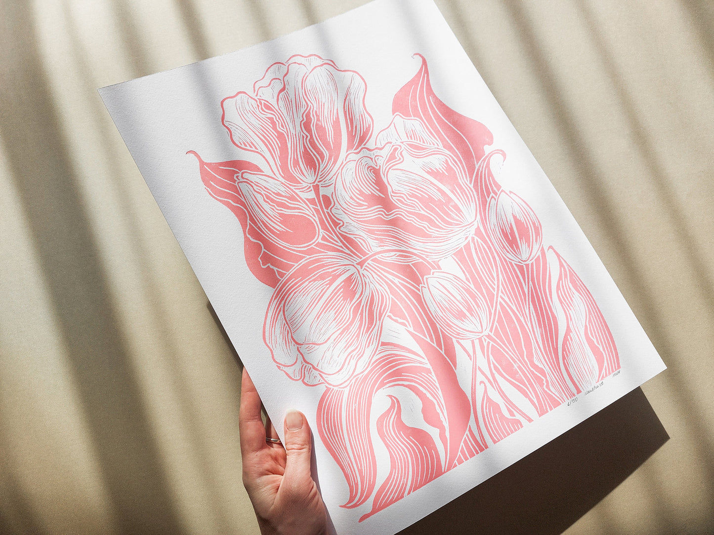 Spring wall art Linocut print Pink tulips flower Botanical original relief artwork for Modern bedroom kitchen decor or Nature lover gift
