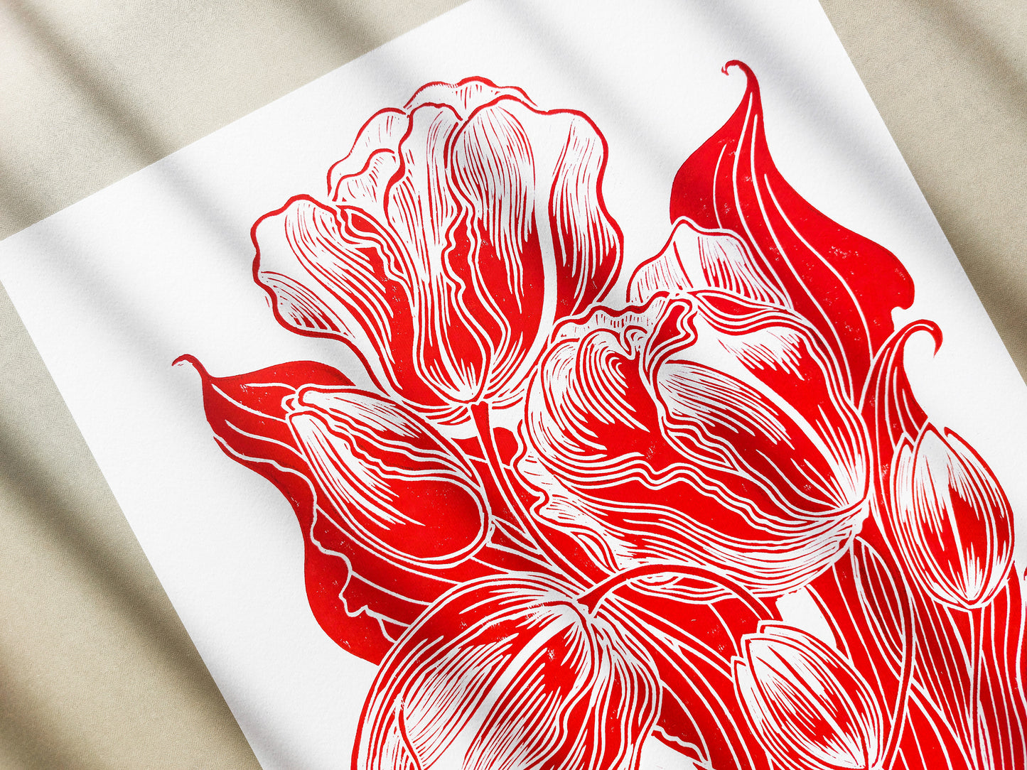 Botanical linocut print Red tulips flower Original relief artwork for Modern bedroom Living room decor or Nature lover or New home gift