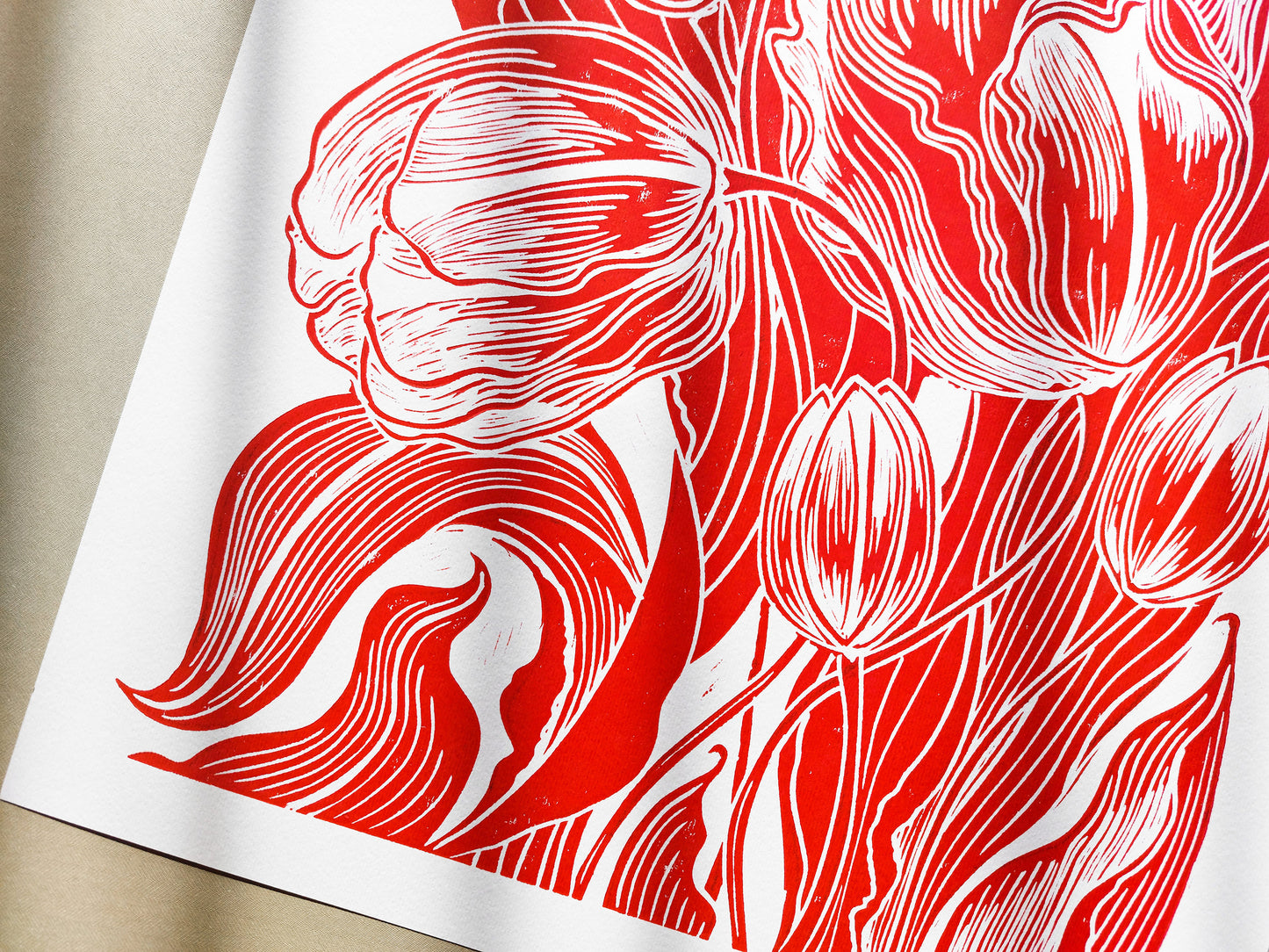 Botanical linocut print Red tulips flower Original relief artwork for Modern bedroom Living room decor or Nature lover or New home gift