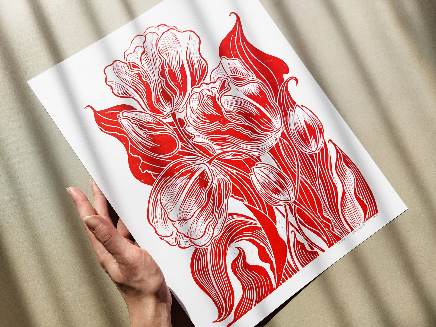 Botanical linocut print Red tulips flower Original relief artwork for Modern bedroom Living room decor or Nature lover or New home gift