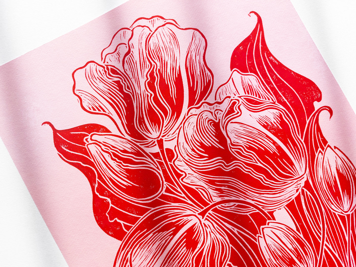 Linocut print Original artwork Linogravure lino Spring wall art Botanical relief block kitchen decor Nature lover gift Modern bedroom floral Plant leaves Living room farm Printmaking block Red Pink tulips flower New home