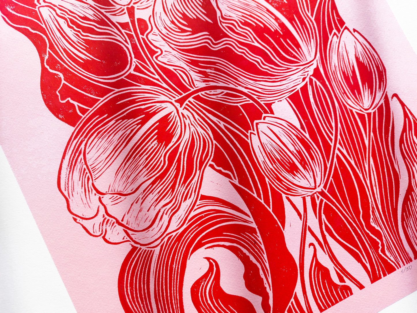 Linocut print Original artwork Linogravure lino Spring wall art Botanical relief block kitchen decor Nature lover gift Modern bedroom floral Plant leaves Living room farm Printmaking block Red Pink tulips flower New home