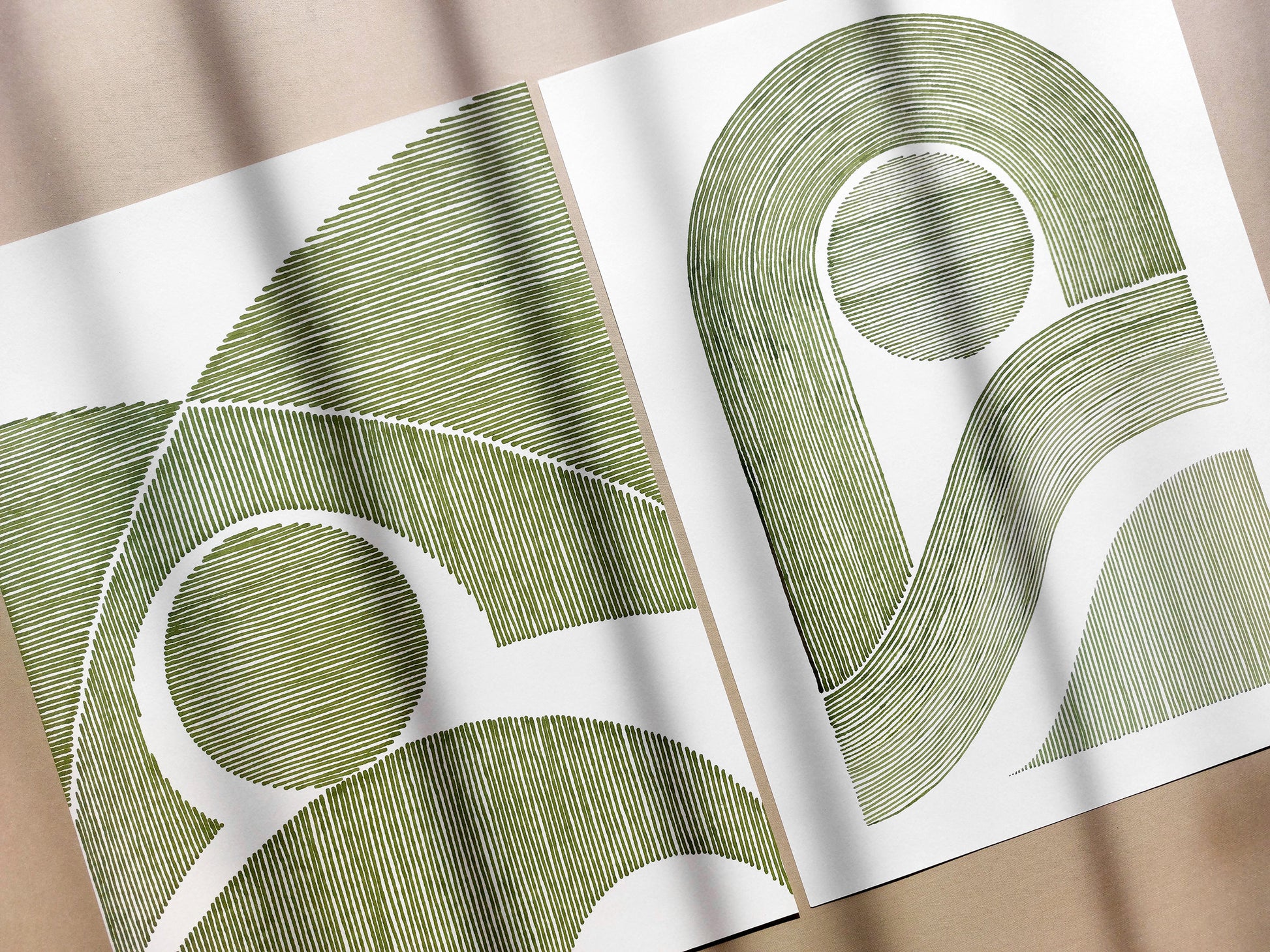 Summer gallery wall set of 2 art Sage green sun abstract lines arch Original hand drawn artwork Bedroom decor New home gift One of kind