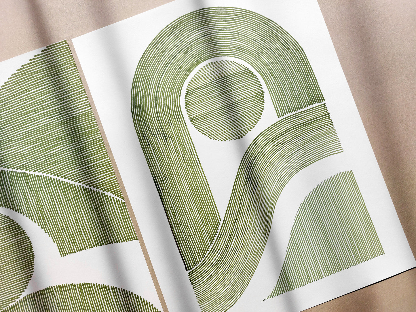 Summer gallery wall set of 2 art Sage green sun abstract lines arch Original hand drawn artwork Bedroom decor New home gift One of kind