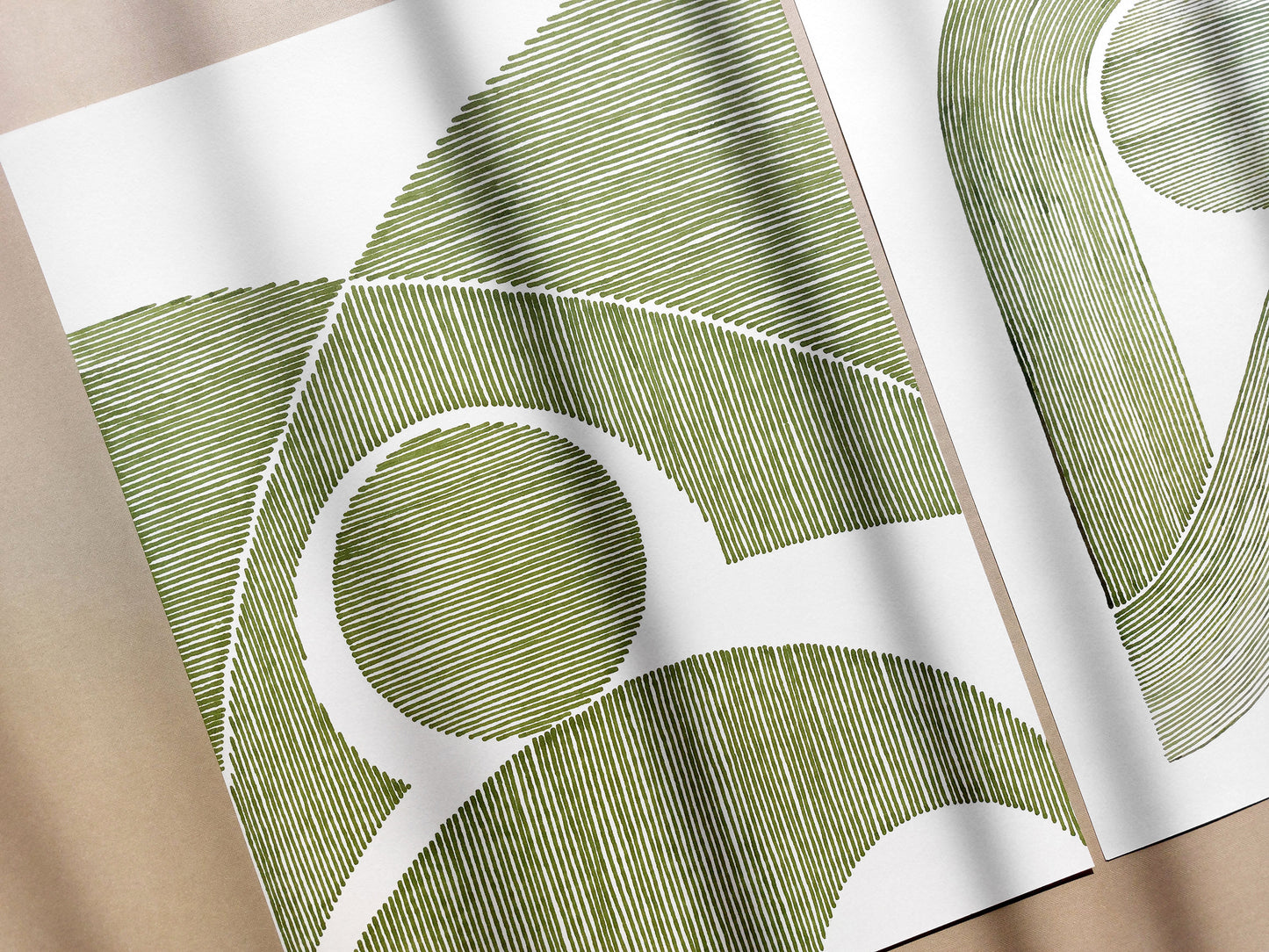 Summer gallery wall set of 2 art Sage green sun abstract lines arch Original hand drawn artwork Bedroom decor New home gift One of kind
