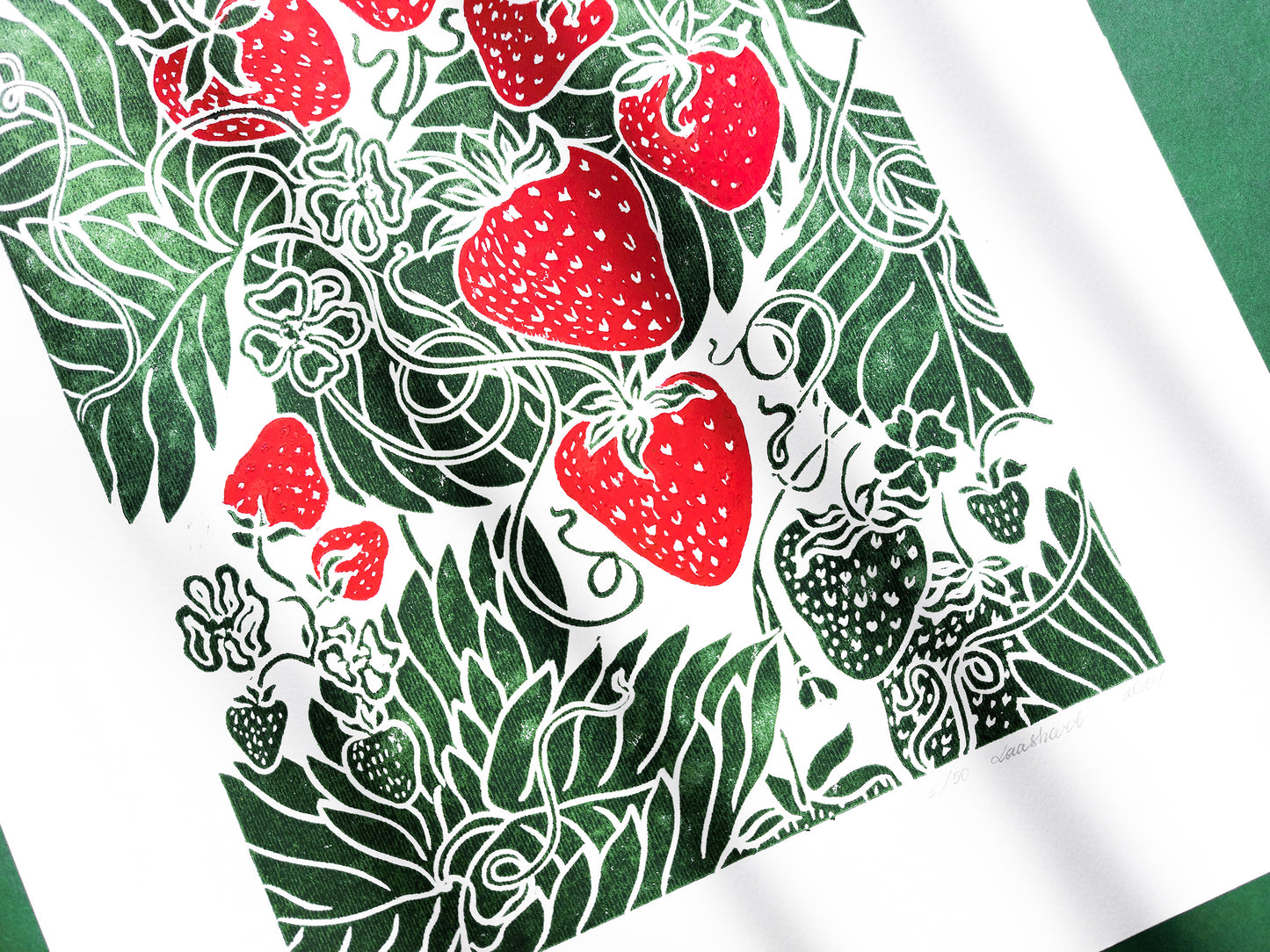 Linocut print Linogravure lino Botanical block original artwork Relief printmaking linoleum wall art Farmhouse lover gift Bedroom dining decor Modern kitchen art cottagecore decor Berry Strawberries strawberry nature first home gift farm
