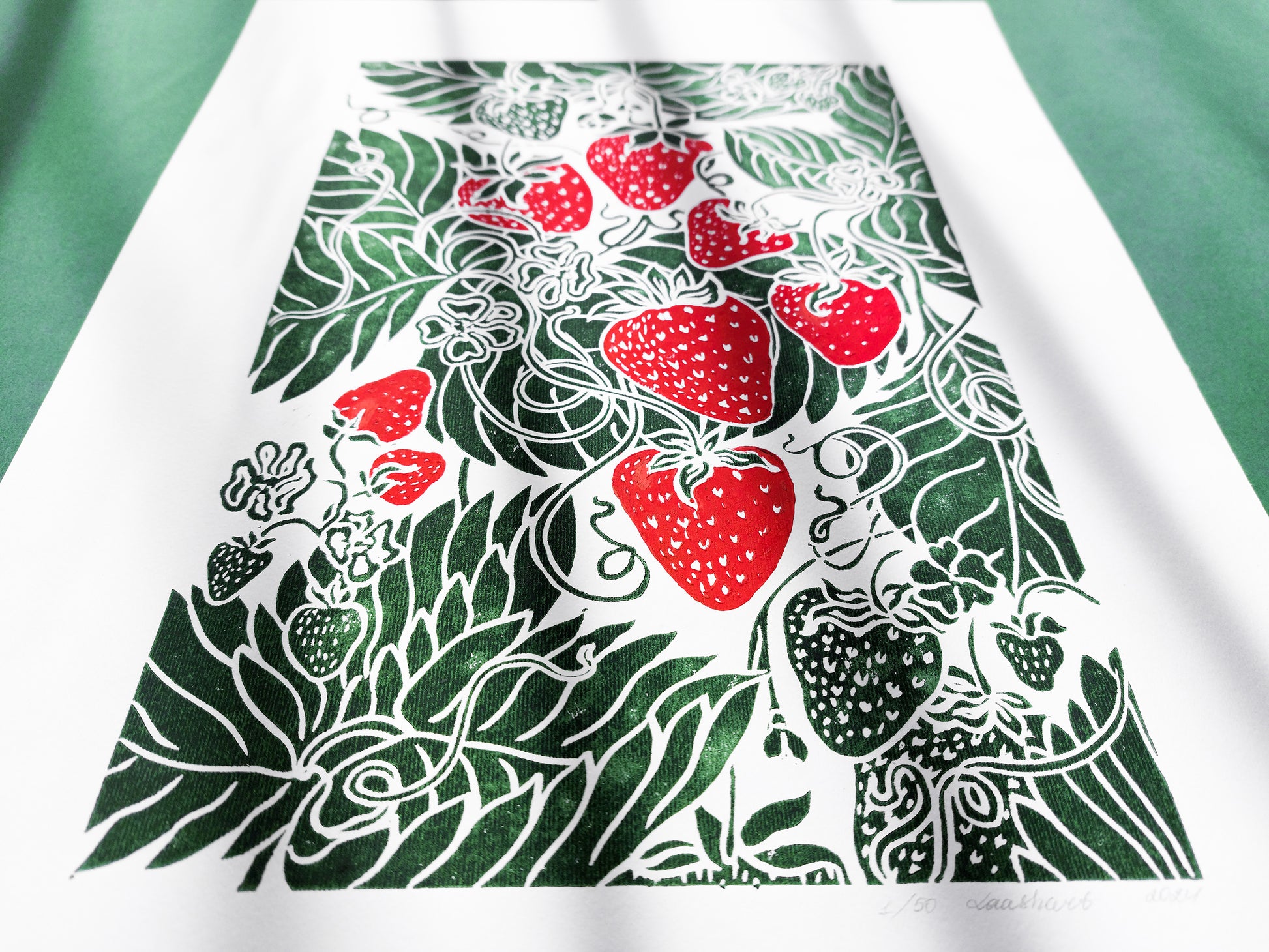 Linocut print	Linogravure lino	Botanical block	original artwork	Relief printmaking	linoleum wall art	Farmhouse lover gift	Bedroom dining decor	Modern kitchen art	cottagecore decor	Berry Strawberries	strawberry nature	first home gift farm